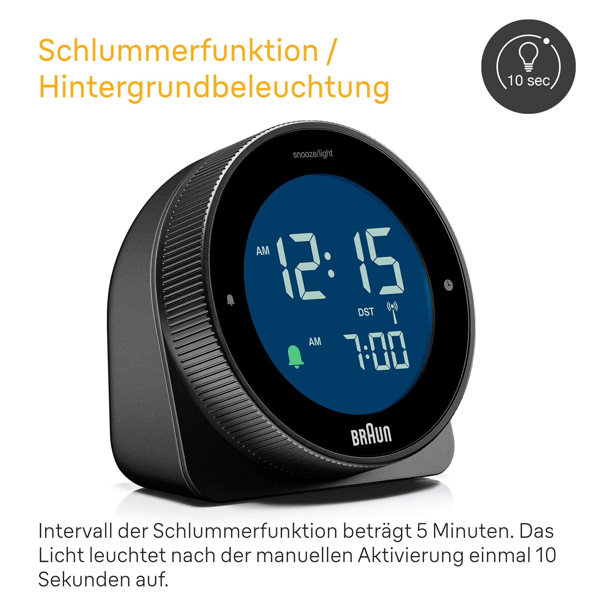 Braun digitaler Funkwecker für die mitteleuropäische Zeitzone (DCF) mit Schlummerfunktion, umgekehrtem LCD-Display, drehbarer Lünette für schnelle Zeiteinstellung, Schwarz, BC24B-DCF