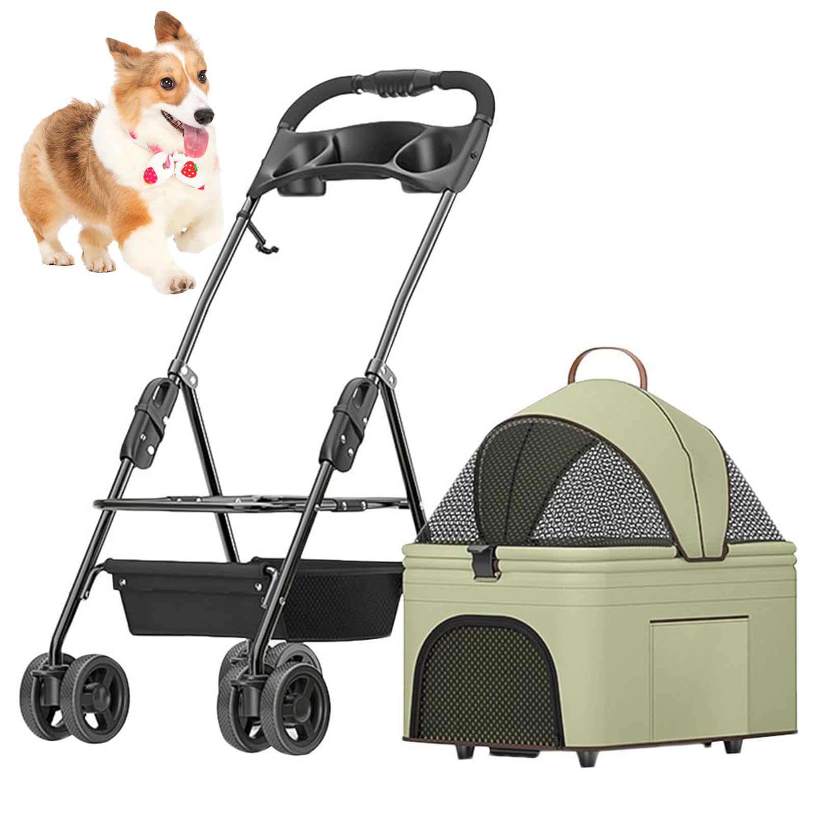 Passeggino Pieghevole 3 in 1 per Cani E Gatti, Passeggino Cane 12Kg Rimovibile, Seggiolino Auto E Passeggino con Pulsante per Cuccioli di Piccola Taglia, Portabicchieri E Cestini,Verde