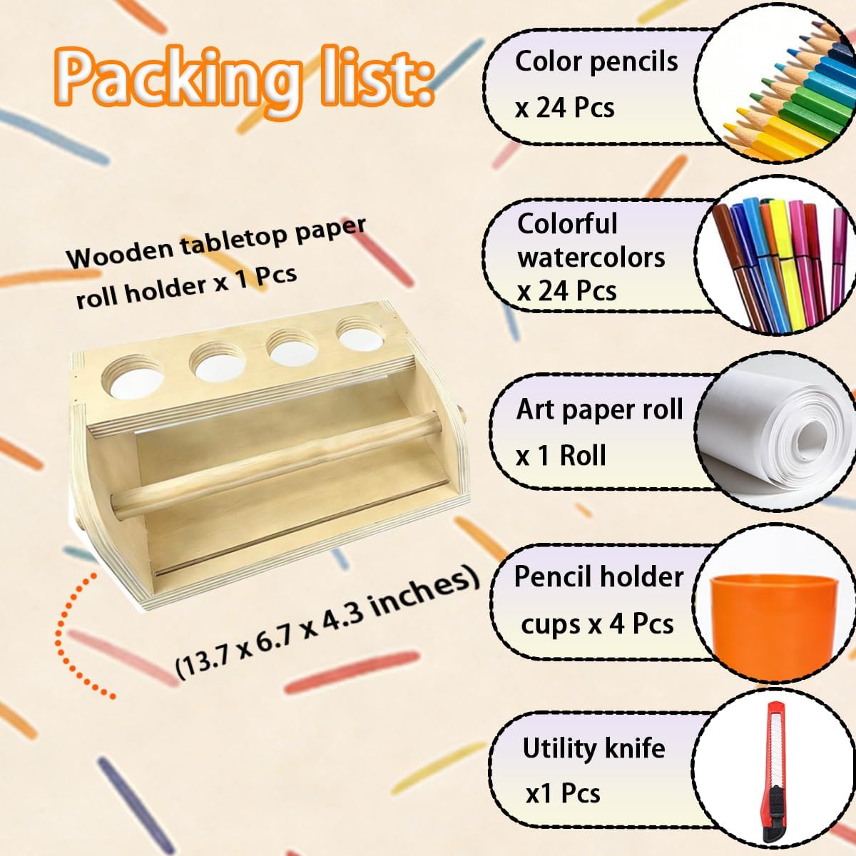 Wooden Tabletop Paper Roll Holder Art Paper with Roll Dispenser 11.4" x98.4ft and Four Pencil Barrel Art Easel for Drawing,Graffiti Art Paintings Suitable for Homes, Schools or Playroom