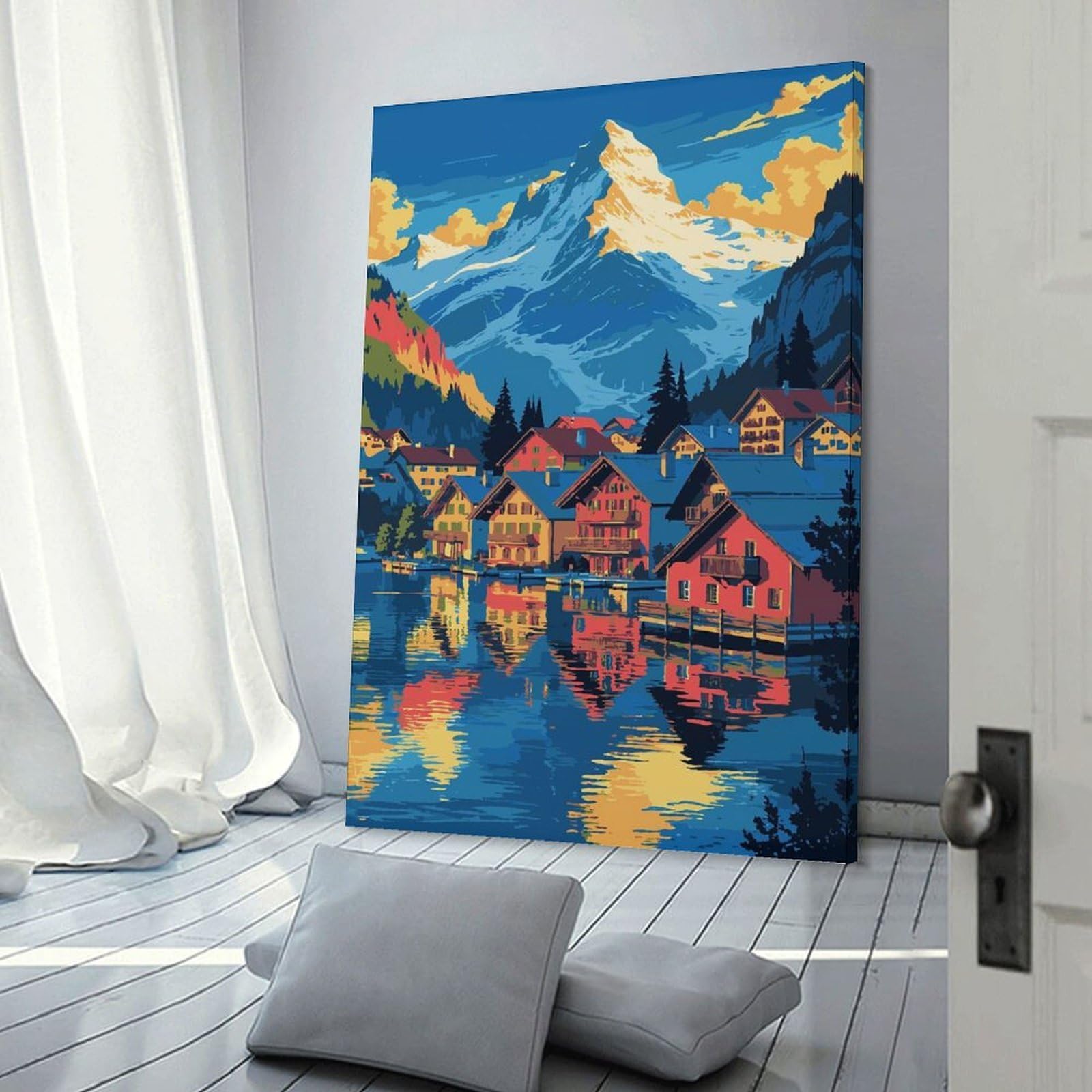 Junmoney Canvas Wall Art Mountain Village Lake Reflection Art, 20x30inch(50x75cm), for Living Room, Lounge Or Sitting Room, Canvas Styling for A Polished Room Look