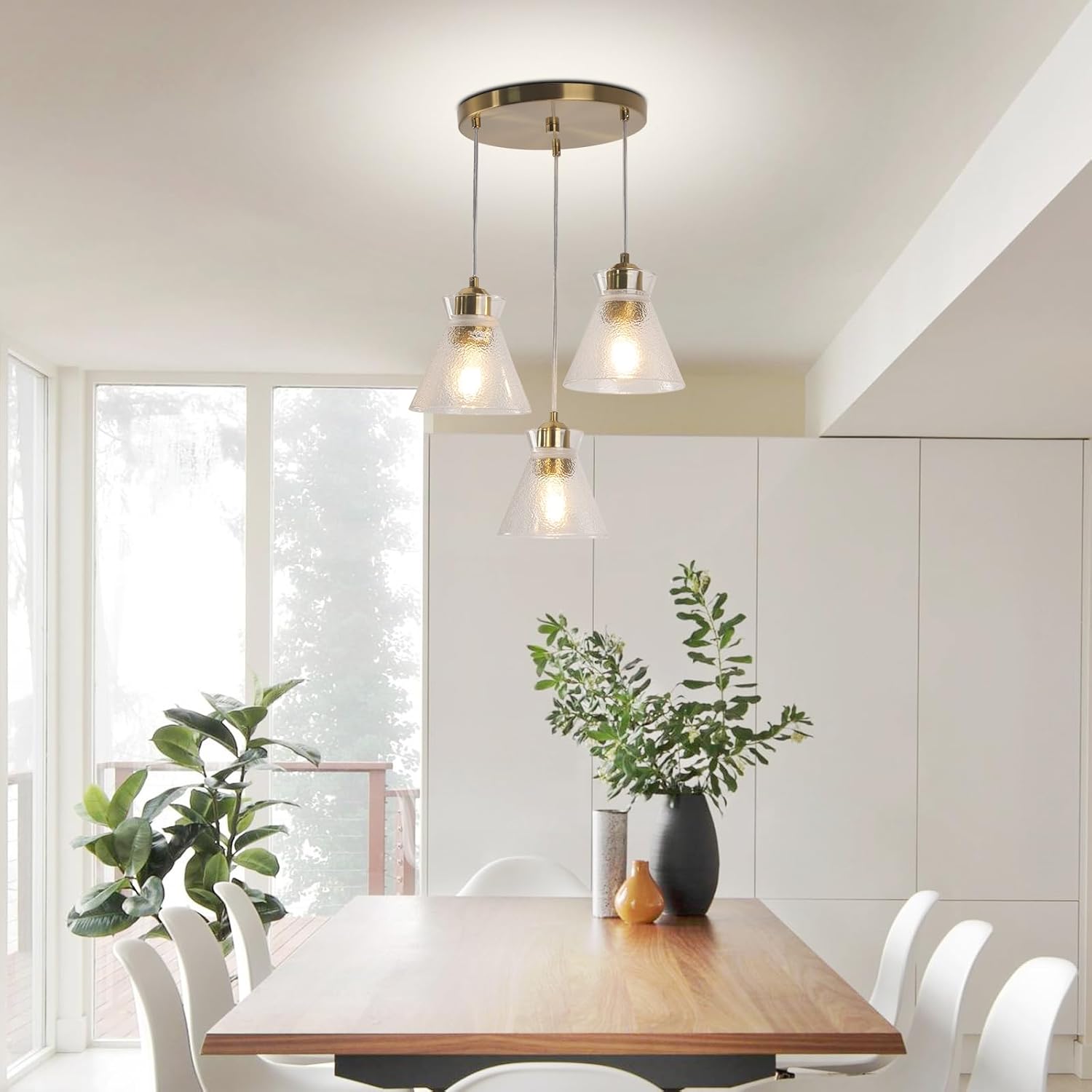 Gold Kitchen Island Pendant Light, 3-Light Farmhouse Chandelier with Seeded Glass Shades, Adjustable Hanging Light for Dining Room,Bedroom