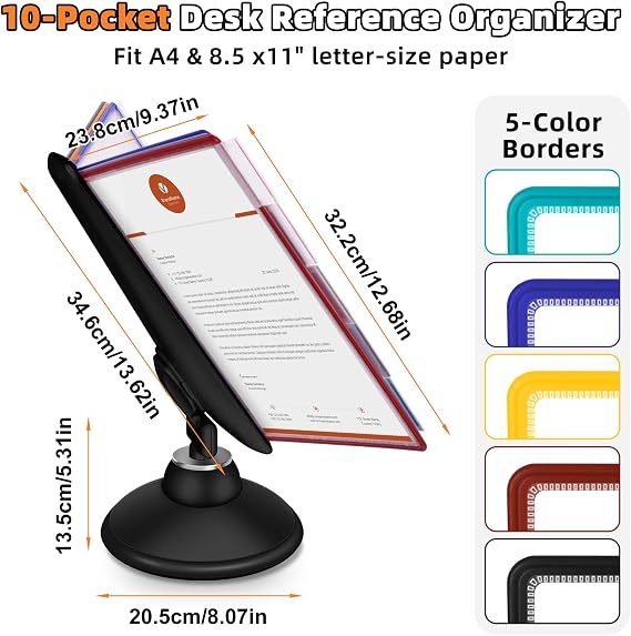 Antner 10-Pocket Desktop Reference & Display System with 360 Adjustable Base, Fast Flip & Find Desk Reference Organizer, A4/Letter Size 10 Double-Sided Panels with 5-Color Borders & Index Tabs, Black