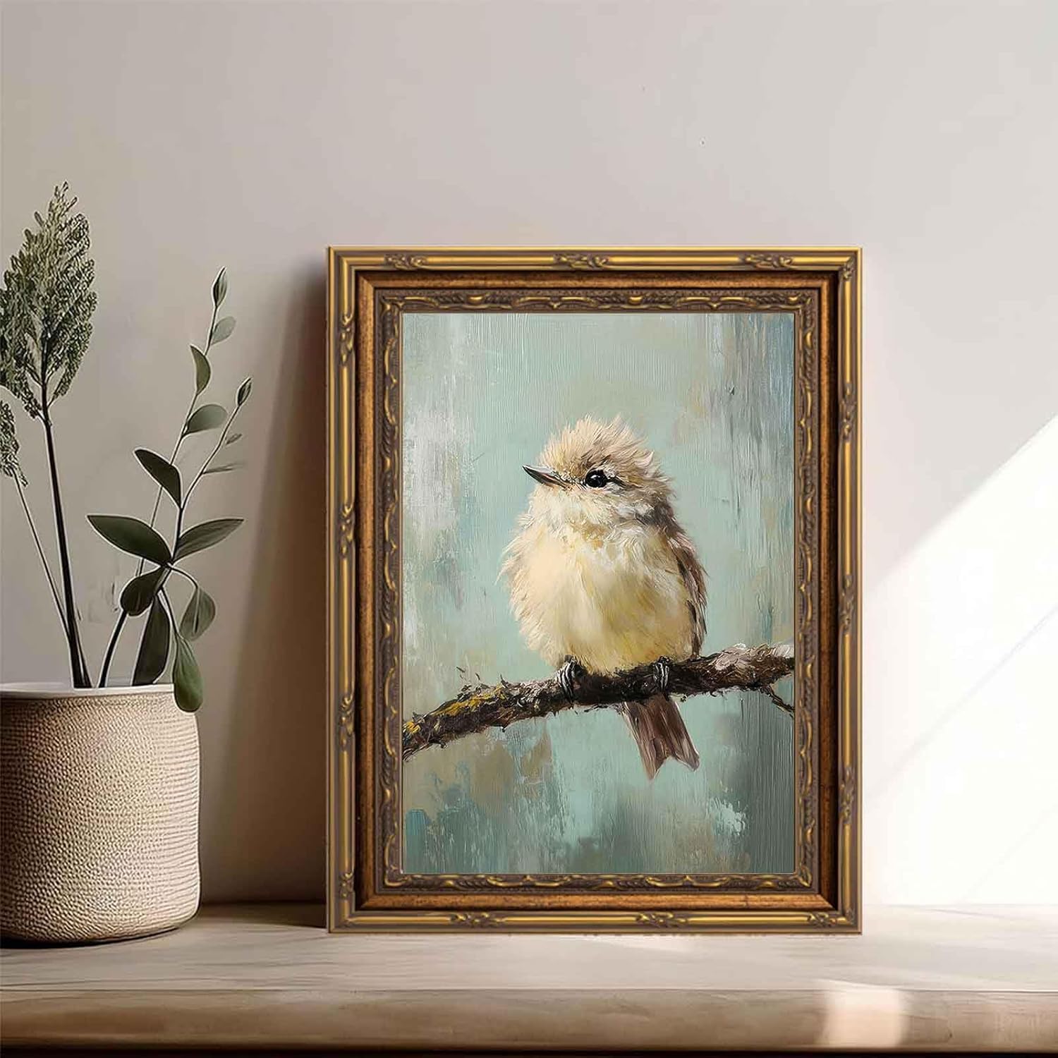 Gold Framed Bird Canvas Wall Art Vintage Bird Beige Sparrow painting Decor Pictures Sparrow on Branch Bedroom Living Posters Prints for Corridor Classroom Bedroom Kitchen Room Decoration