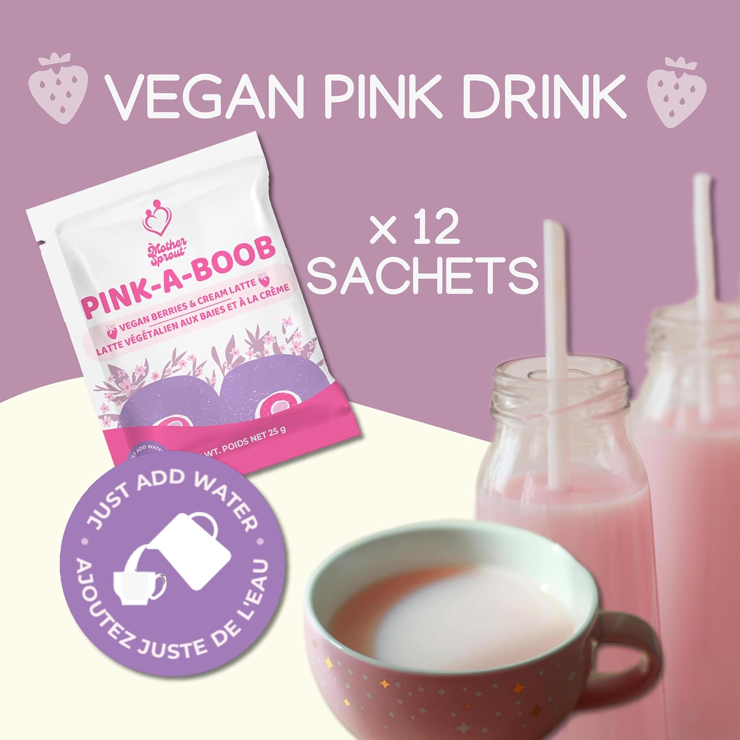 Mother Sprout Pink-A-Boob – Vegan Lactation Drink Mix (Berries & Cream Latte Flavor) for Breastfeeding, Supplement to Support Breast Milk Supply, 12 Servings