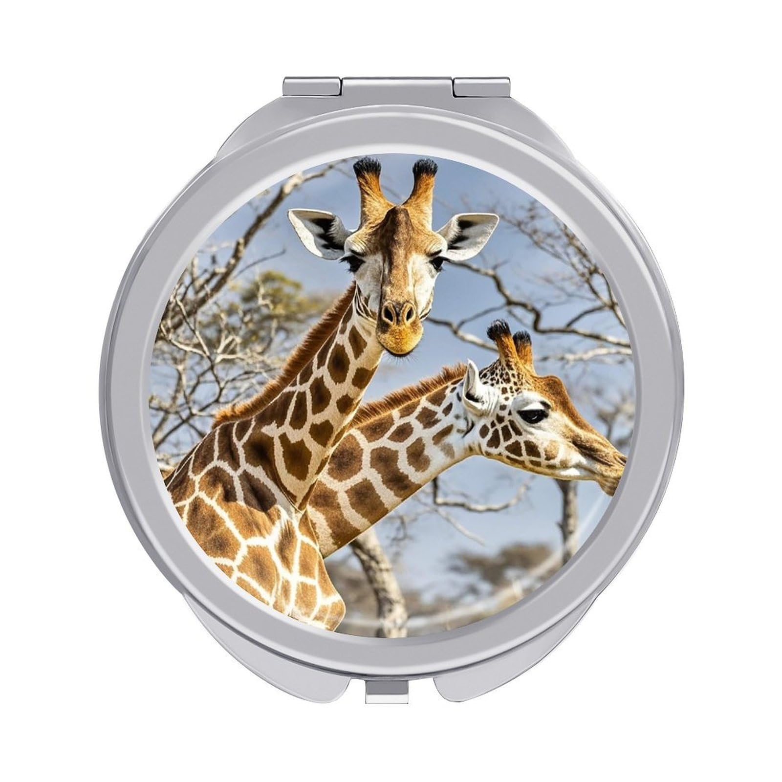 FekiLoot Giraffe Travel Makeup Mirror for Women Folding Portable Hand Compact Mirrors Small Round Vanity Mirror 1X/2X Magnifying Metal Pocket Makeup Mirrors