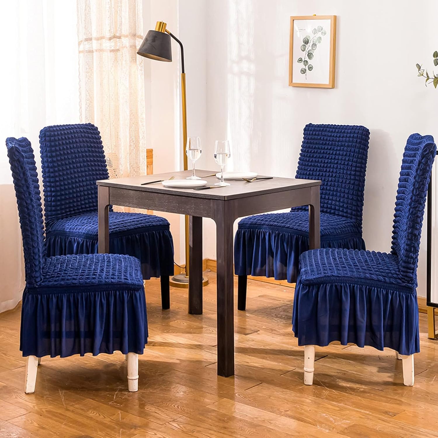 Qubjus Chair Covers for Dining Room Set of 2 Stretch Chair Slipcovers with Skirt Removable Washable Kitchen Chair Protector Cover Set for Home, Party, Wedding(Blue, 2Pcs)