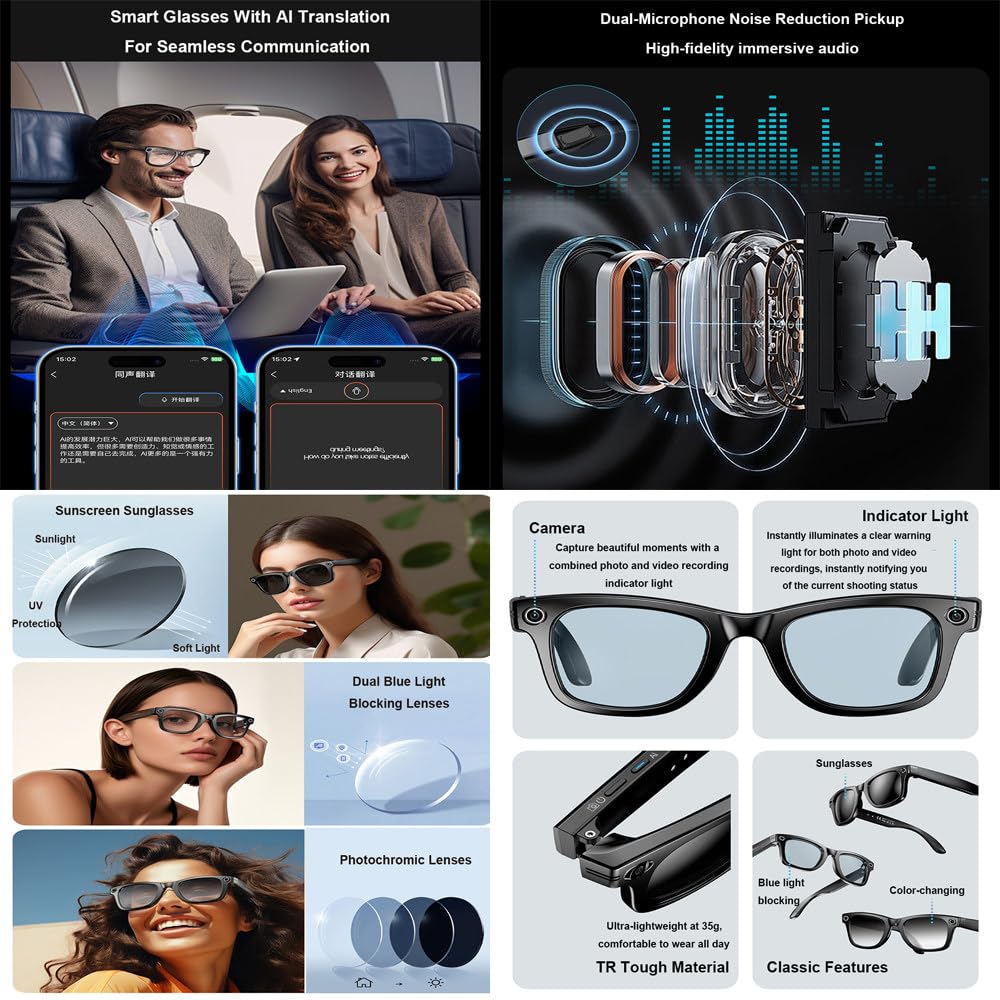 Gafas Antiluz Azul Para Hombre Y Mujer,Con Cámara De 8Mp,Eis,Cambio De Color Automático,Transmisión Wifi,Reconocimiento De Fotos,Conversación Inteligente,Para Viajes,Trabajo,Exteriores Silver