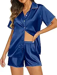 Conjunto de pijama feminino de cetim de seda, manga curta, abotoado, aconchegante, 2 peças, conjunto de shorts