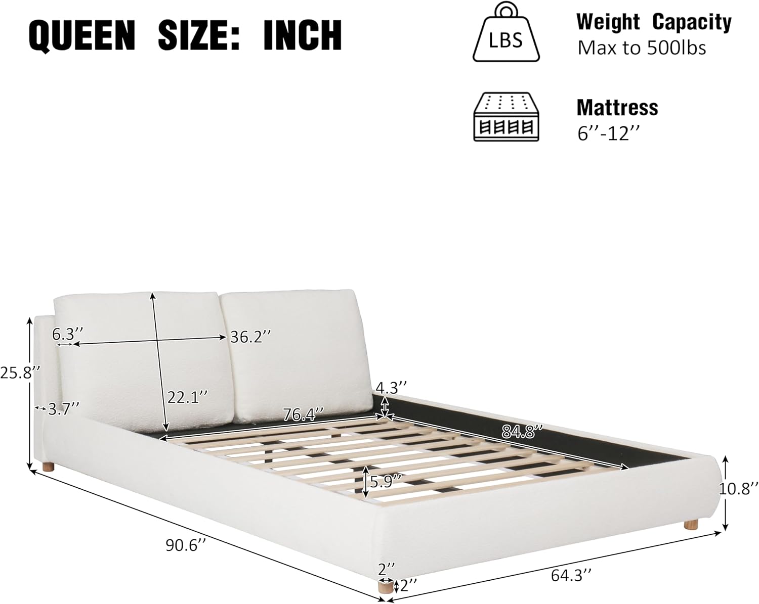 Queen Size Bed Frame with 2 Removable Pillow Headboard, Boucle Fabric Marshmallow Upholstered Platform Cloud Bed, Queen Soft Frame Cream Bedframe, Wood Slats Support, White Beds
