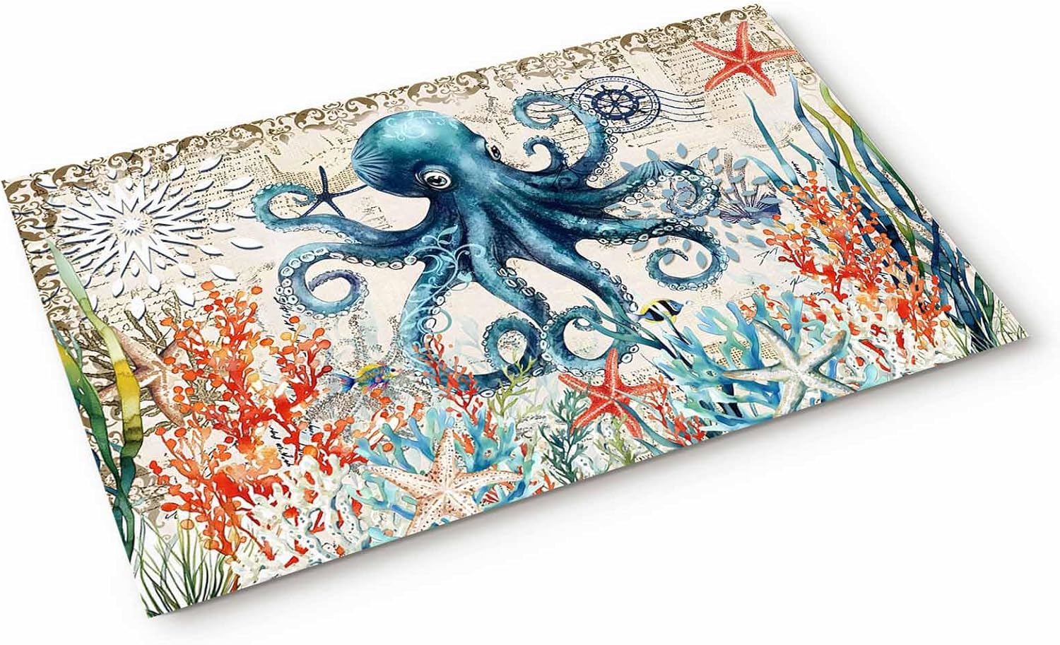 Coastal Octopus Front Door Mat Indoor Entrance, Ocean Coral Seaweed Non Slip Doormat Vintage Letter Background Absorbent Resist Dirt Floor Mats Washable Low Profile Inside Rugs for Entryway, 16''x24''