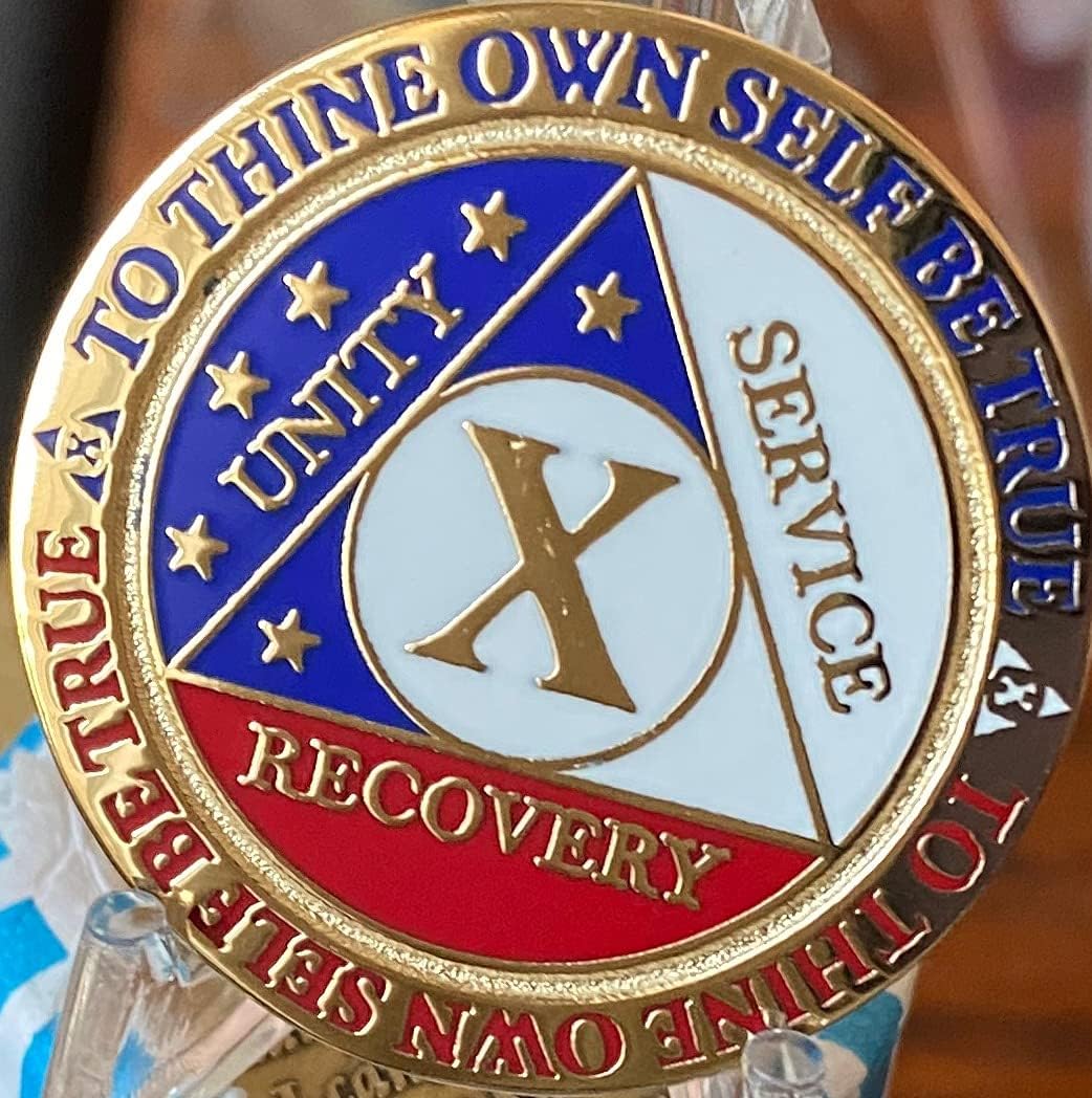 RecoveryChip 10 Year AA Medallion - Patriotic Red White & Blue Reflex Gold Plated Sobriety Chip with Stars - 10 Years Sober Anniversary Coin Serenity Prayer Recovery Gift for Men & Women image 5