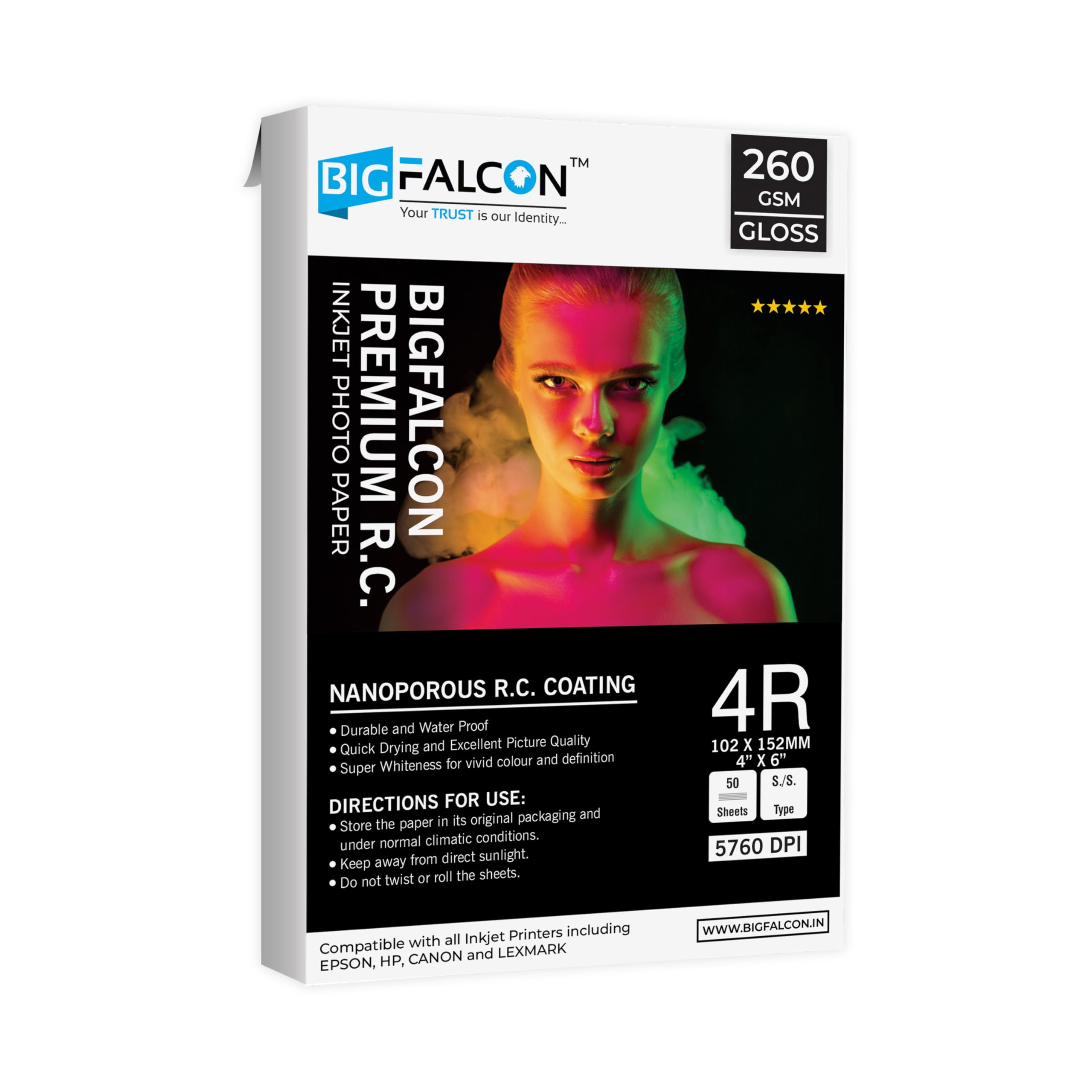 BIGFALCON Premium Ultra Glossy Photo Paper 260 GSM 4R Size (4X6 inch) RC Resin Coated Water proof Inkjet Photo Paper 50 Sheets for all Inkjet Printer