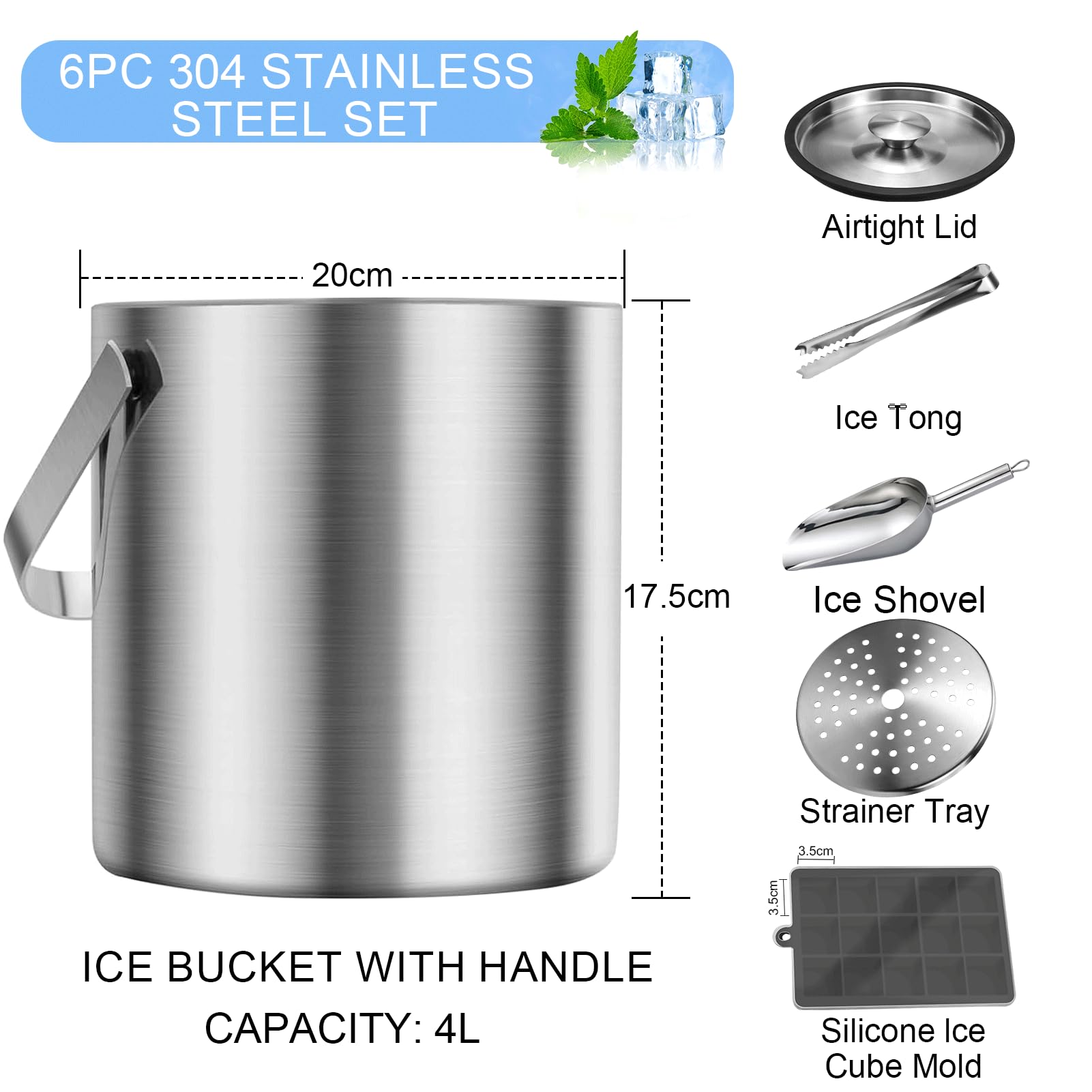 Secchiello Ghiaccio in Acciaio Inox,Secchiello Ghiaccio 4L Acciaio Inox Doppia Parete Portaghiaccio con Manico Pinze Coperchio e Filtro,Bottiglie Raffreddamento Secchio Cestello Ghiaccio
