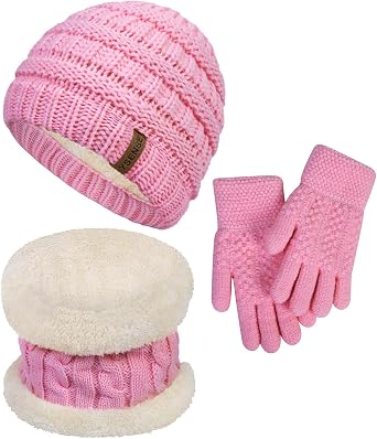 YSense 3 Pcs Kids Winter Beanie Hat Scarf Gloves Set Thick Knit Warm Fleece Fuzzy Lined Beanie Caps Mittens for Boys Girls