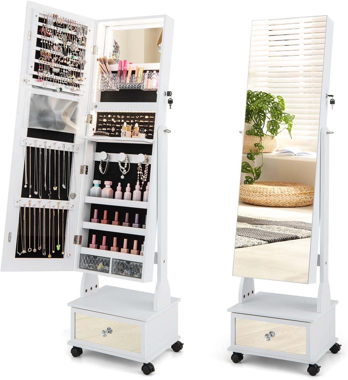 Armoire à Bijoux Murale Avec Miroir 12 LED COSTWAY - Meuble Rangement Verrouillable Pleine Longueur, Style Scandinave Noir