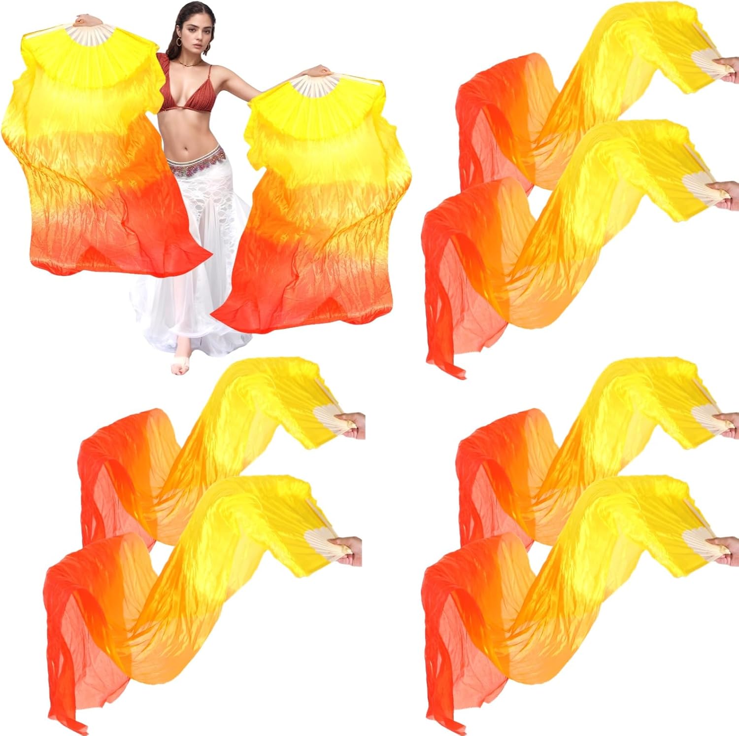 4 Pairs of Silk Dance Fans, Gradient Flame Design, Left and Right Fans, Handmade Bamboo Frame, Kinds of Multi-Person Stage Performances (Orange)