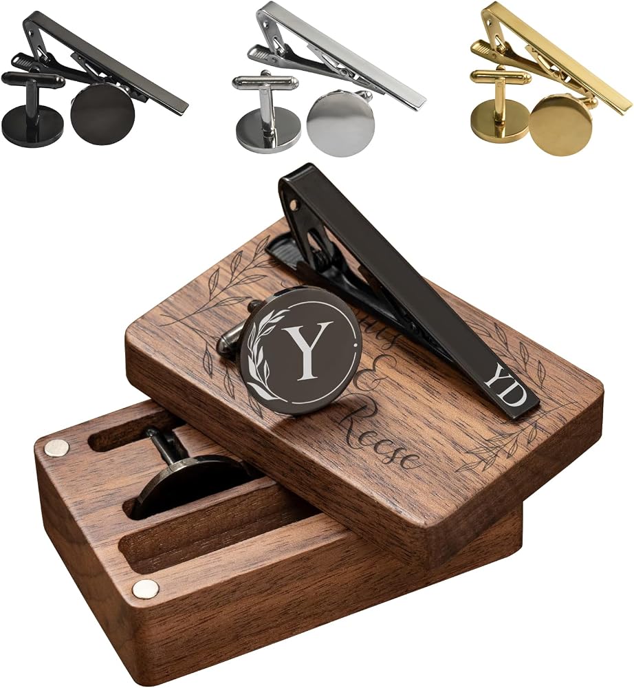 Regali per lo sposo - Set di fermacravatte con gemelli personalizzati con scatola regalo in legno - Regalo per lo sposo, Regalo per il testimone dello sposo, Regalo per lui - Italia
