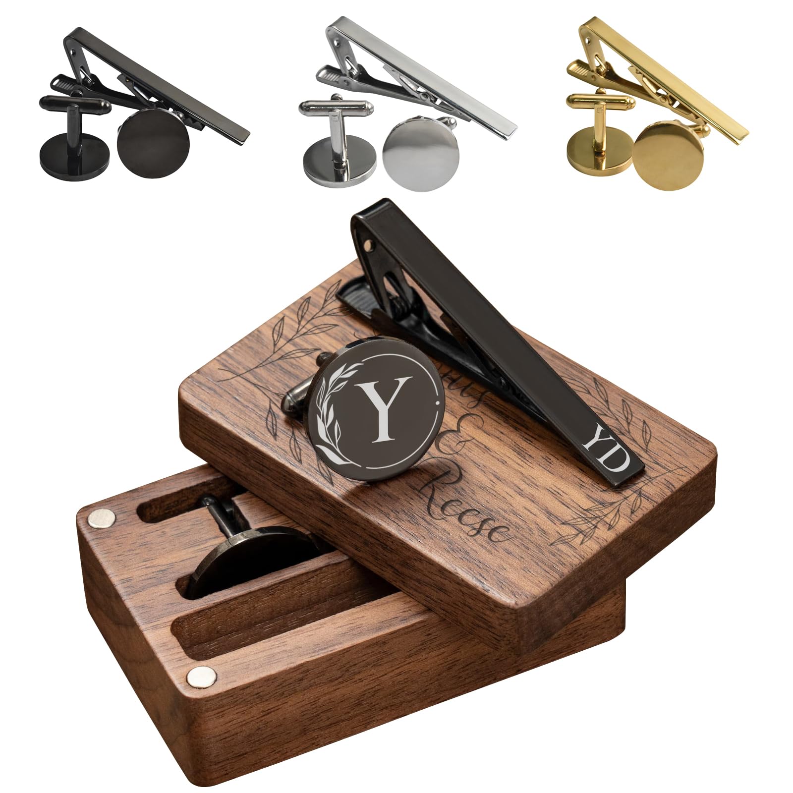 Boutons de Manchette et Pince à Cravate Personnalisée avec Boîte | en Bois Gravée Boutons de Manchette de Mariage avec Lettre Nom Texte Gravée pour Le Marié/Papa/Hommes