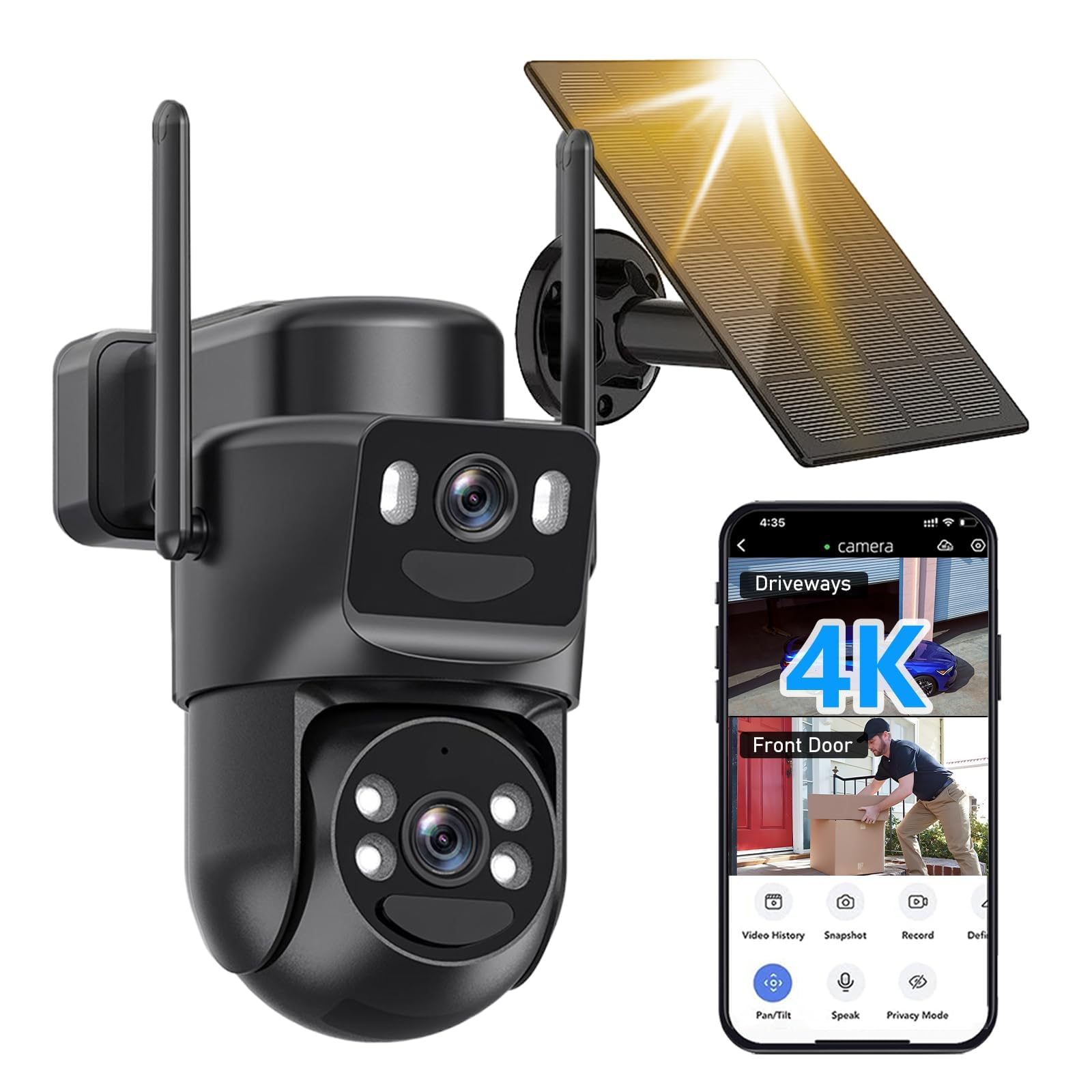 4K Solar Security Cameras Wireless Outdoor, 5GHz/2.4GHz WiFi 360° PTZ Cameras for Home Security with Dual Lens, Human Auto-Tracking, Siren, Color Night Vision, 2-Way Talk, IP66