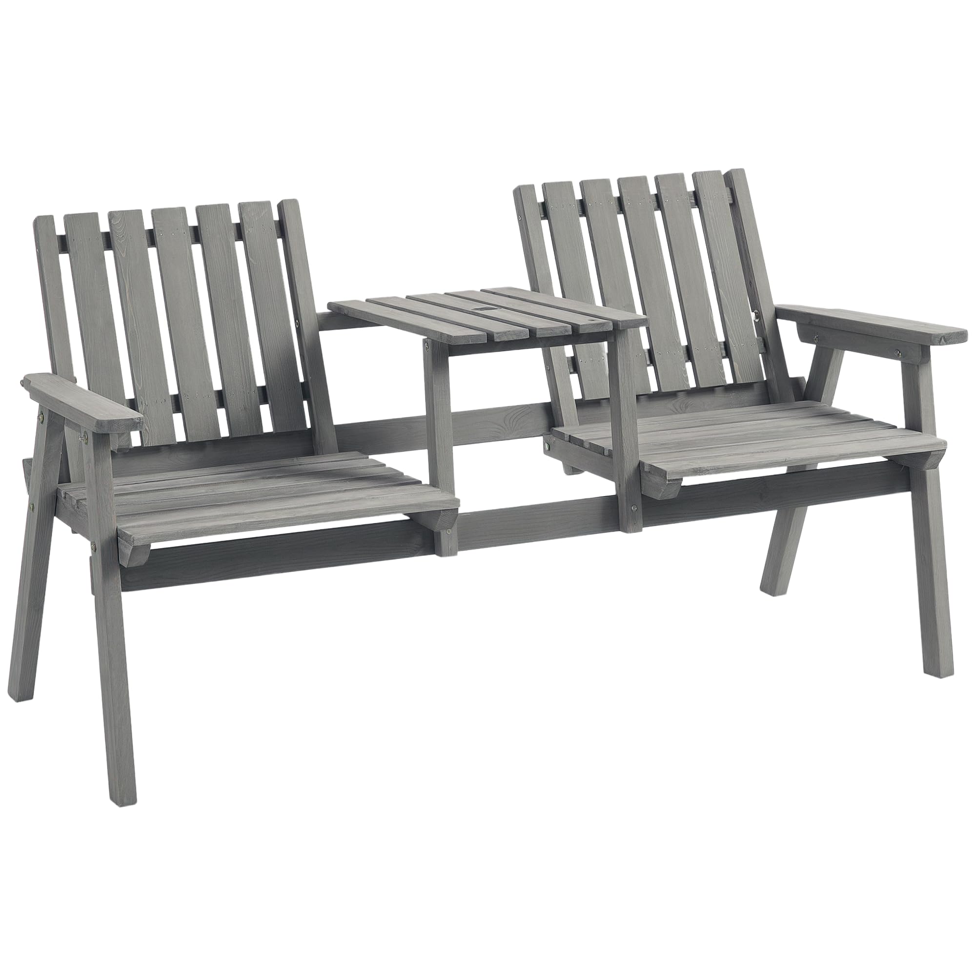 Outsunny Wooden Garden Loveseat, 2-Seater Garden Chair with Table & Parasol Hole, Outdoor Bench for Porch, Patio, Grey