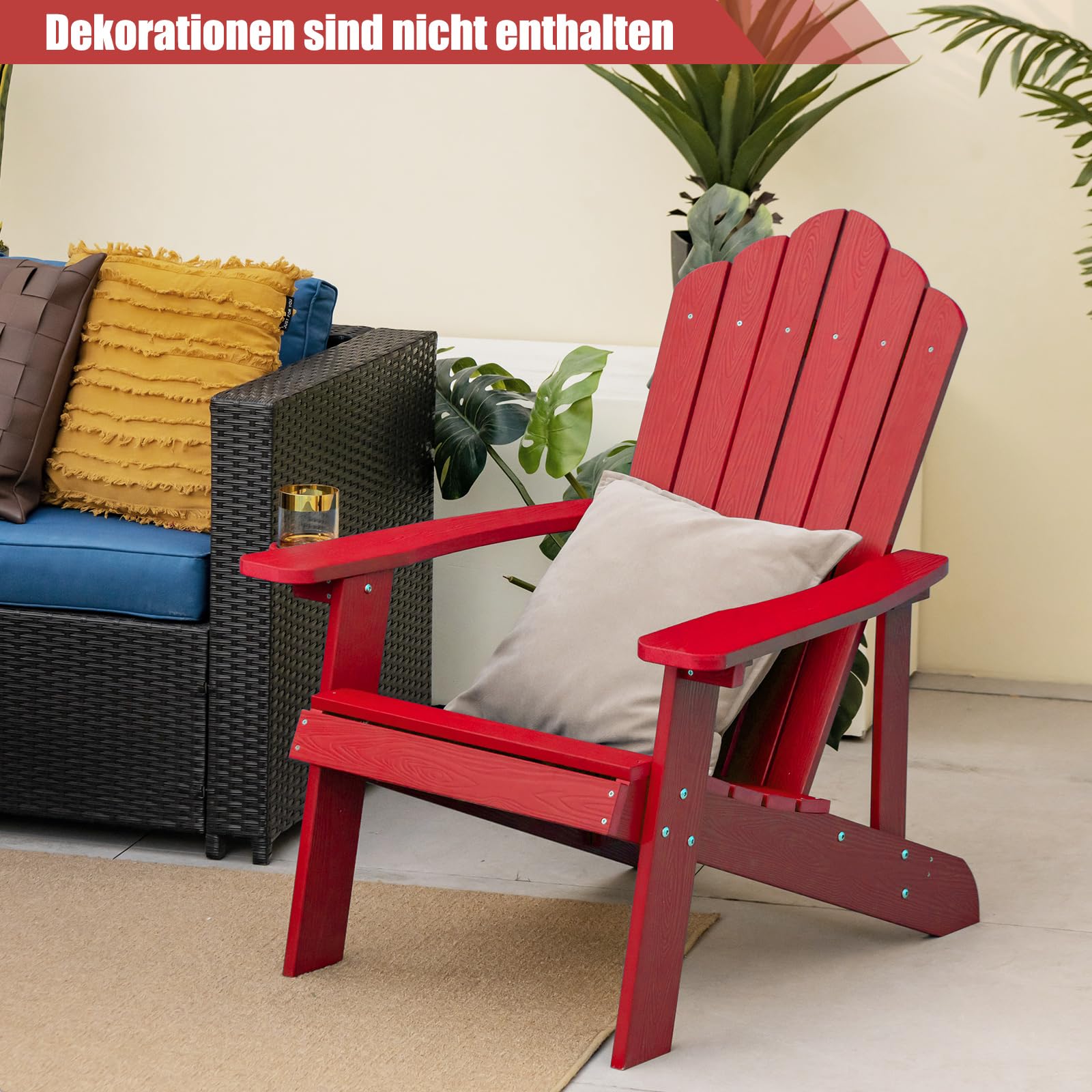 COSTWAY Adirondack Stuhl mit Getränkehalter, wetterfester Gartenstuhl, Gartensessel aus Kunststoff, Outdoor-Stuhl für Garten, Terrasse, 170 kg Tragfähigkeit (Rot)