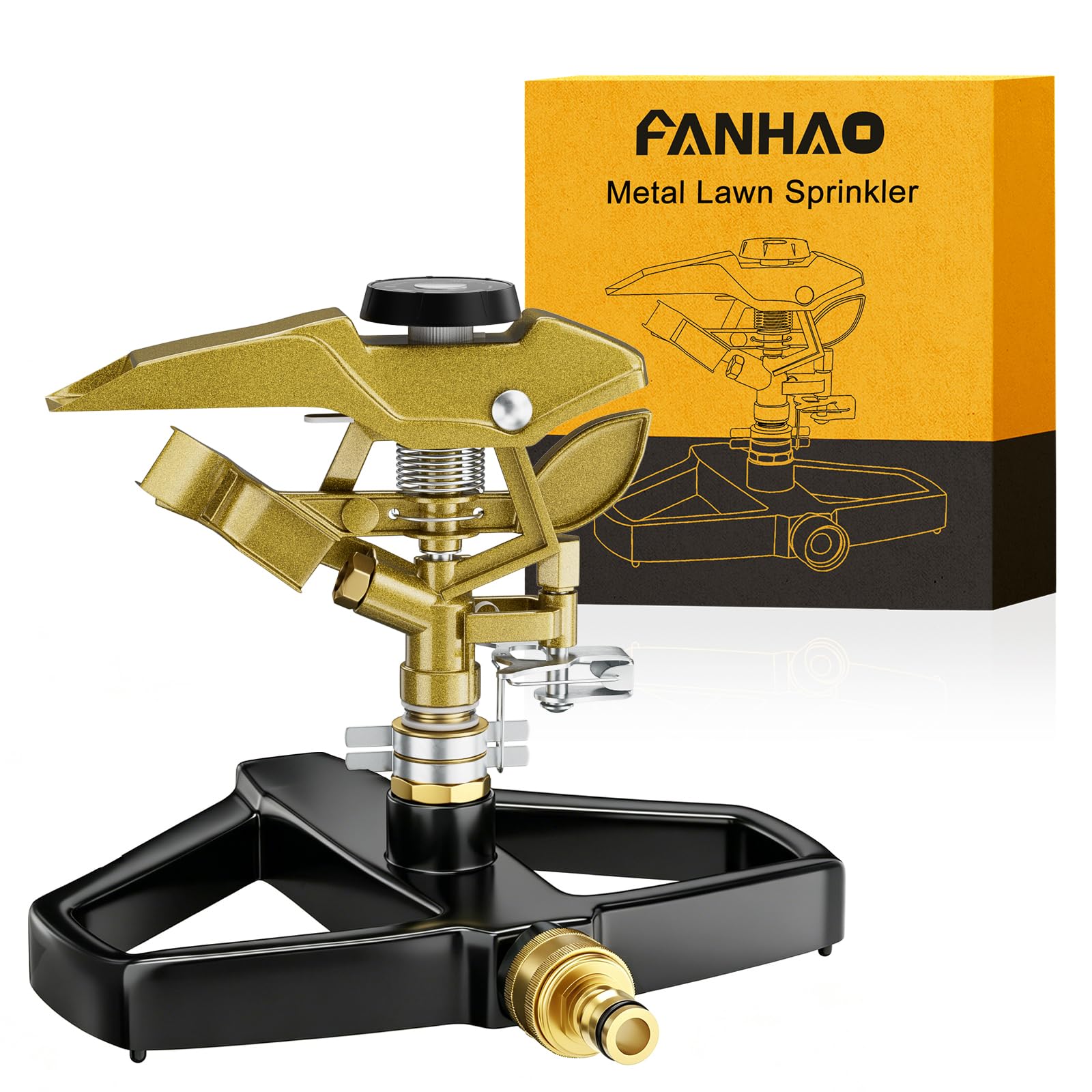 FANHAO Irrigatore da Giardino con base in Metallo, Testina Irrigatore a Impulsi Regolabile a 360° Interamente, Copertura di Ampia Area Fino a 540 m², Ideale per Giardino, Cortile e Aiuole