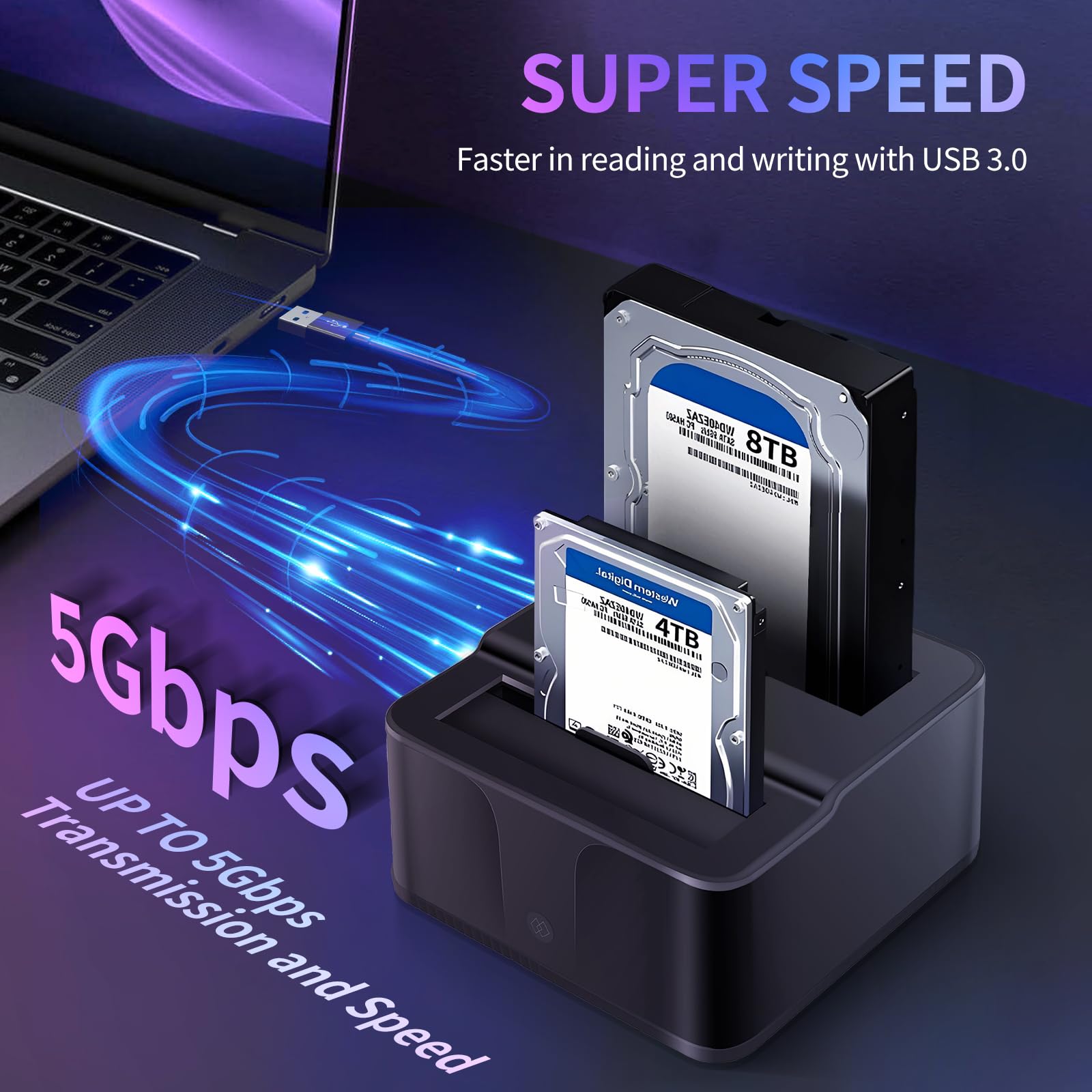 Station d'accueil Double Baie USB 3.0 pour disques durs/SSD SATA 2,5"/3,5" (jusqu'à 2x16TB) avec Lecteur de Cartes SD/microSD intégré. Prend en Charge Le clonage Hors Ligne, Le Plug & Play