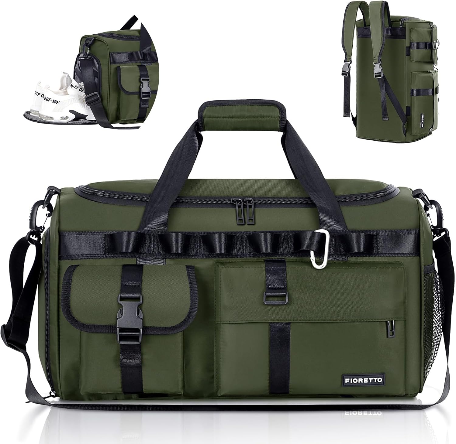 FIORETTO 45L Womens Mens Gym Sports Duffle Bag with Shoes Compartment, Water- Resistant Travel Bag with Trolley Sleeve, Weekend Overnight Hospital Bag Sports Holdall Backpack Green