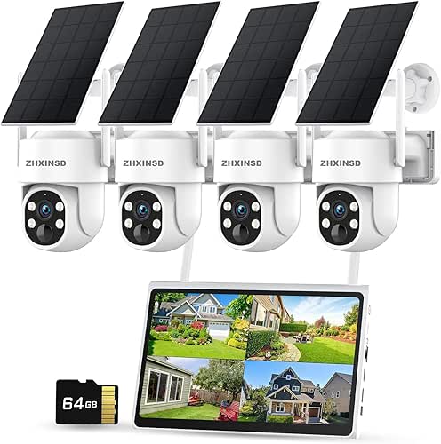 Solar Security Cameras System, Wireless Outdoor with 10" LCD Monitor,