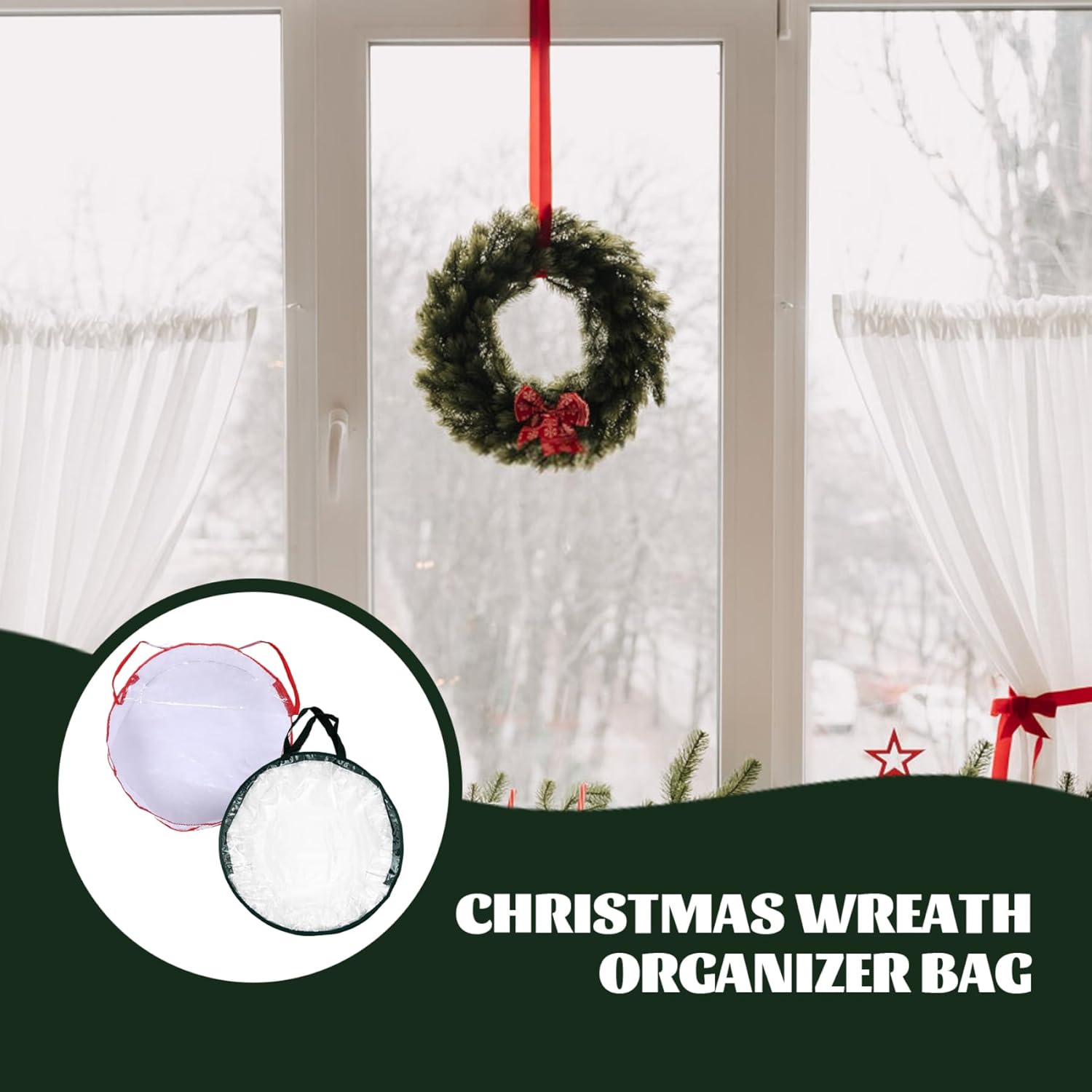 2pcs Wreath Storage Container Round Christmas Wreath Storage Bag Clear Wreath Bag Dual Zipper and Handles Christmas Storage Containers Wreath Holder (Green+Red) 30x8
