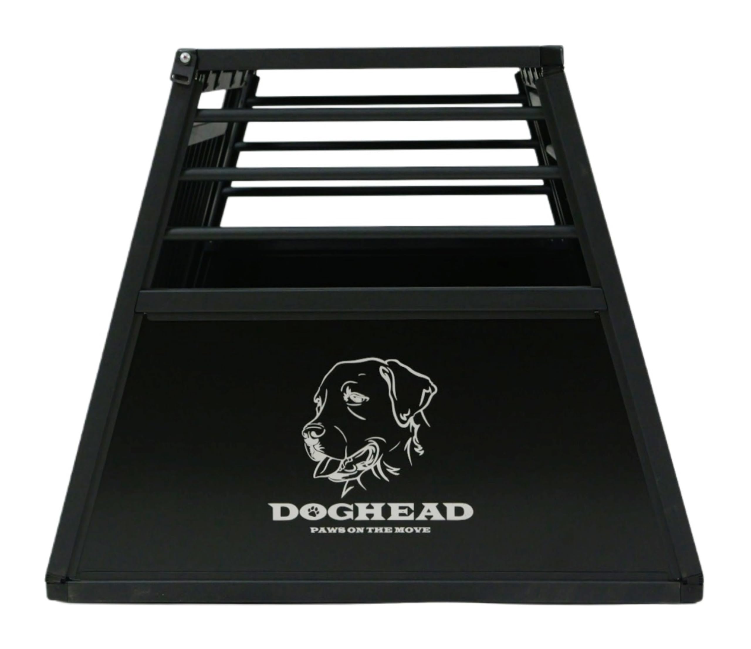DOGHEAD Hundetransportbox Proline, Single 80x75x63 cm, Schwarz, Aluminium, Beidseitig Abgeschrägt 75°, mit Notausstieg