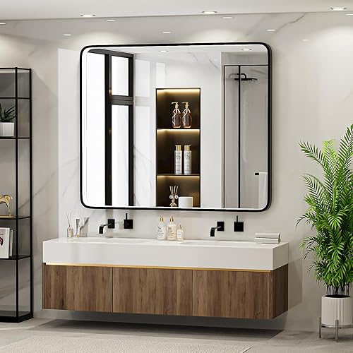 Miniatura 10 de Espejo de baño negro de 40 x 30 pulgadas con luces LED, espejo de tocador iluminado con marco de metal, diseño antivaho e interruptor regulable y