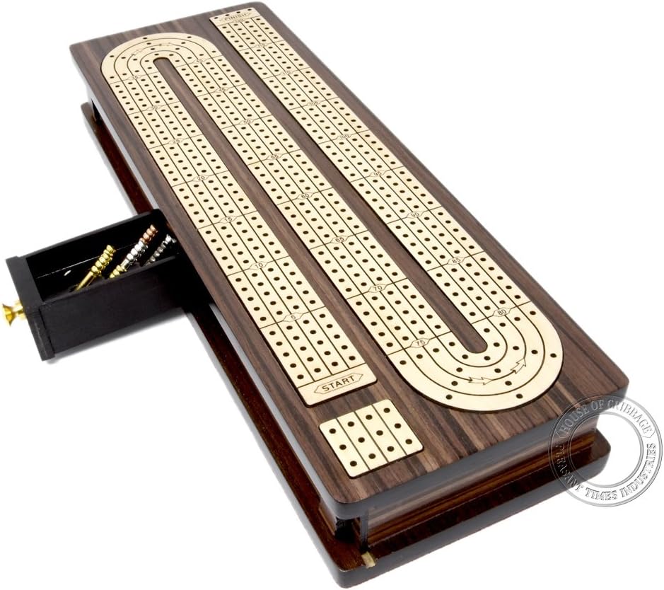 House of Cribbage - Continuous Cribbage Board Inlaid 4 Tracks Rosewood/Maple with Sliding Lids and Drawer