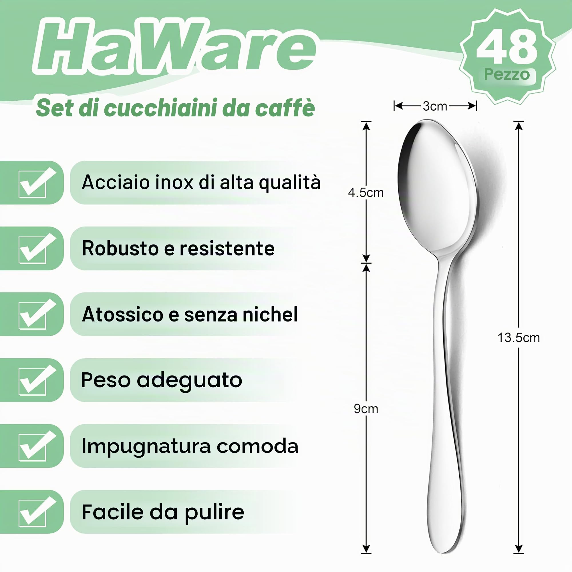 HaWare Set di cucchiaini da caffè in acciaio inox (48, manico classico)