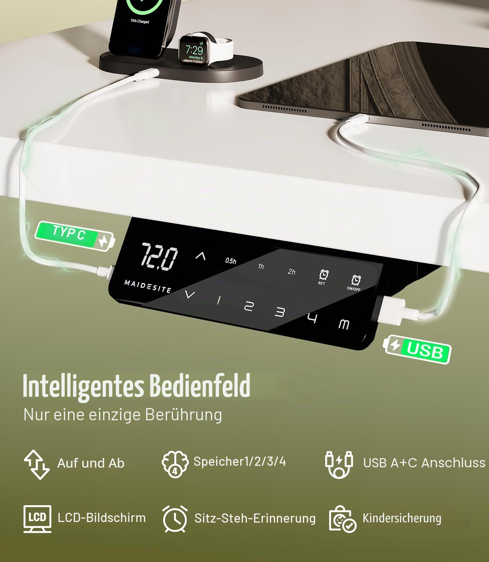 MAIDeSITe Elektrisch höhenverstellbarer Schreibtisch 160x80cm Ovale Beine Stehschreibtisch Energieeffizient‌, Leise Dualmotoren,Tragfähigkeit 180kg mit 4 Höhenspeicherein und Alarmfunktion-S2 Pro Art