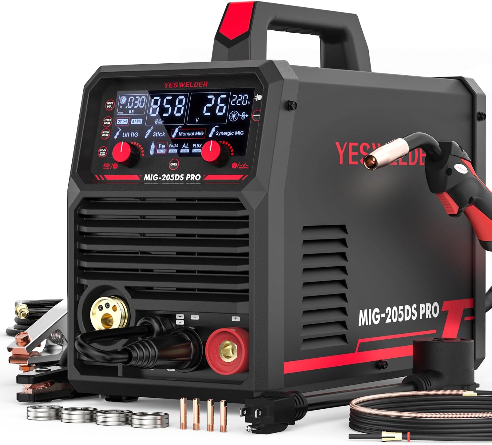 Mig Welder MIG-205 MIG TIG ARC Welding Machine Gas Gasless Welder 110/220V Dual Voltage Mig Welding Machine 3 in 1