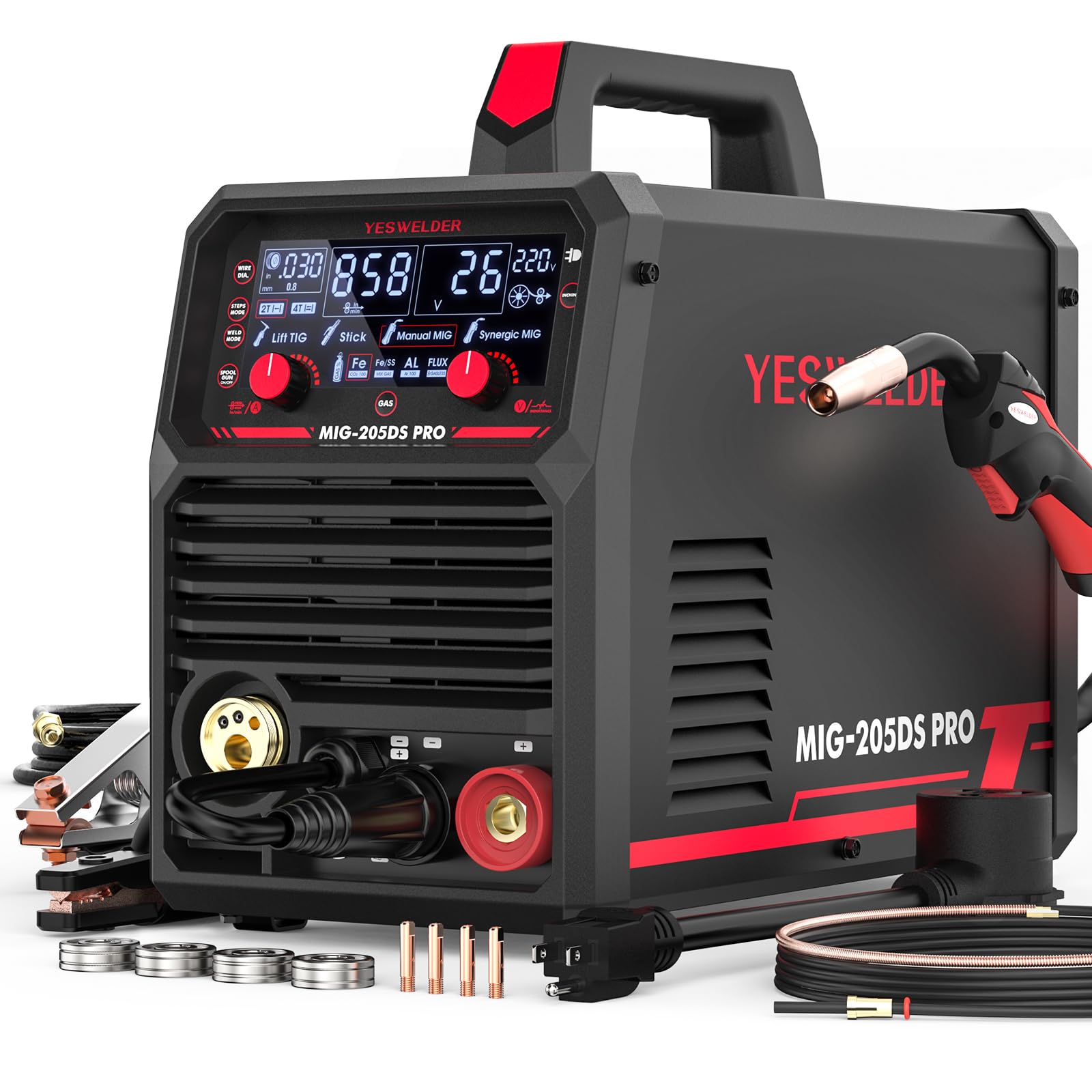 YESWELDER 205A MIG Welder, 110V/220V Dual Voltage, 5 in 1 Gas MIG/Flux Core MIG/Spool Gun MIG/Lift TIG/Stick Multiprocess LED Digital Display Aluminum MIG Welding Machine MIG-205DS PRO