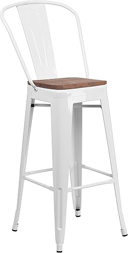 Miniatura 3 de Merrick Lane Taburete de bar Amsterdam de metal blanco de 30 pulgadas de alto con respaldo y asiento de madera Blanco,Oro negro