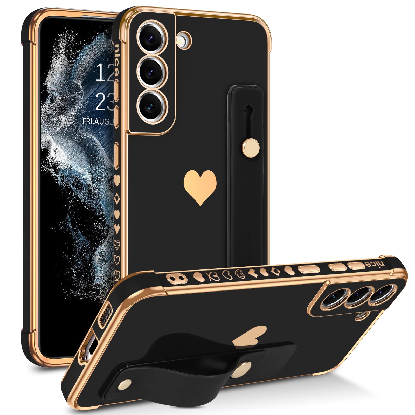 BENTOBEN Samsung S22 Case, Mobile Phone Cases for Samsung S22 with Adjustable Hand Strap Stand Heart Silicone TPU Shockproof Mobile Phone Bumper Case for Samsung Galaxy S22 6.1 Inch Black