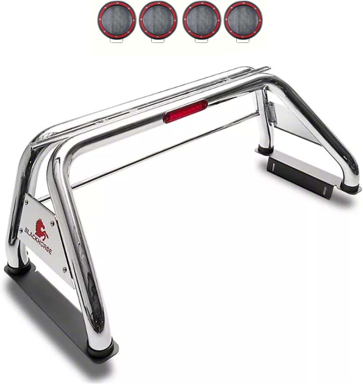 Black Horse Classic Roll Bar Incl. Set of 5.3" Dia.LED Lights w/Red Trim Rings Stainless Steel Compatible with 19-26 Ram 1500 Excludes Classic models-RB002SS-PLFR