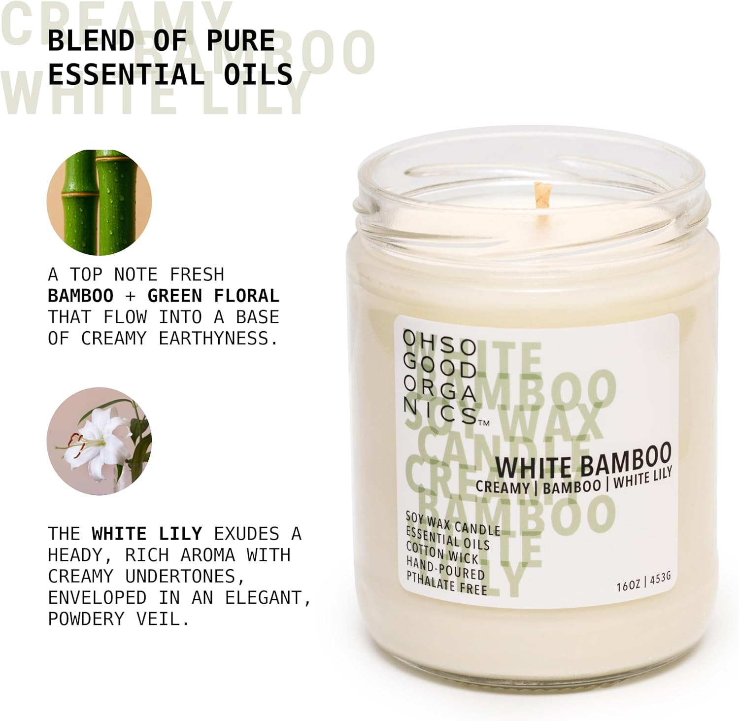Scented Soy Wax Candle for Home, White Bamboo Candle and Lily, Essential Oils, Soy Candles Non Toxic, Aromatherapy Candles, 16oz, 60 Hours Burn Time, Fresh Bamboo and Green Floral Scent