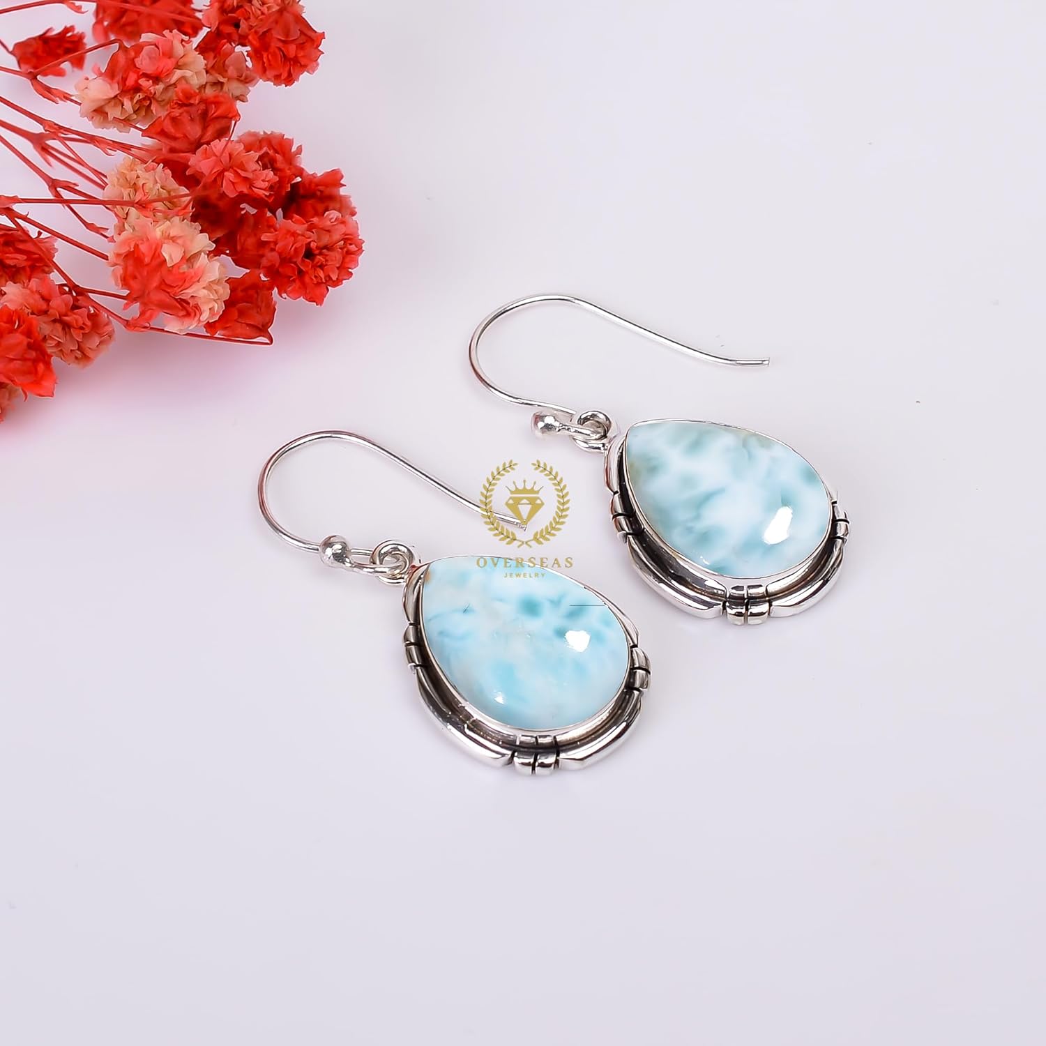 Natural Blue Larimar Gemstone Earrings 925 Sterling Silver Handmade Dangle Earrings for Women Unique Blue Stone Jewelry Gift