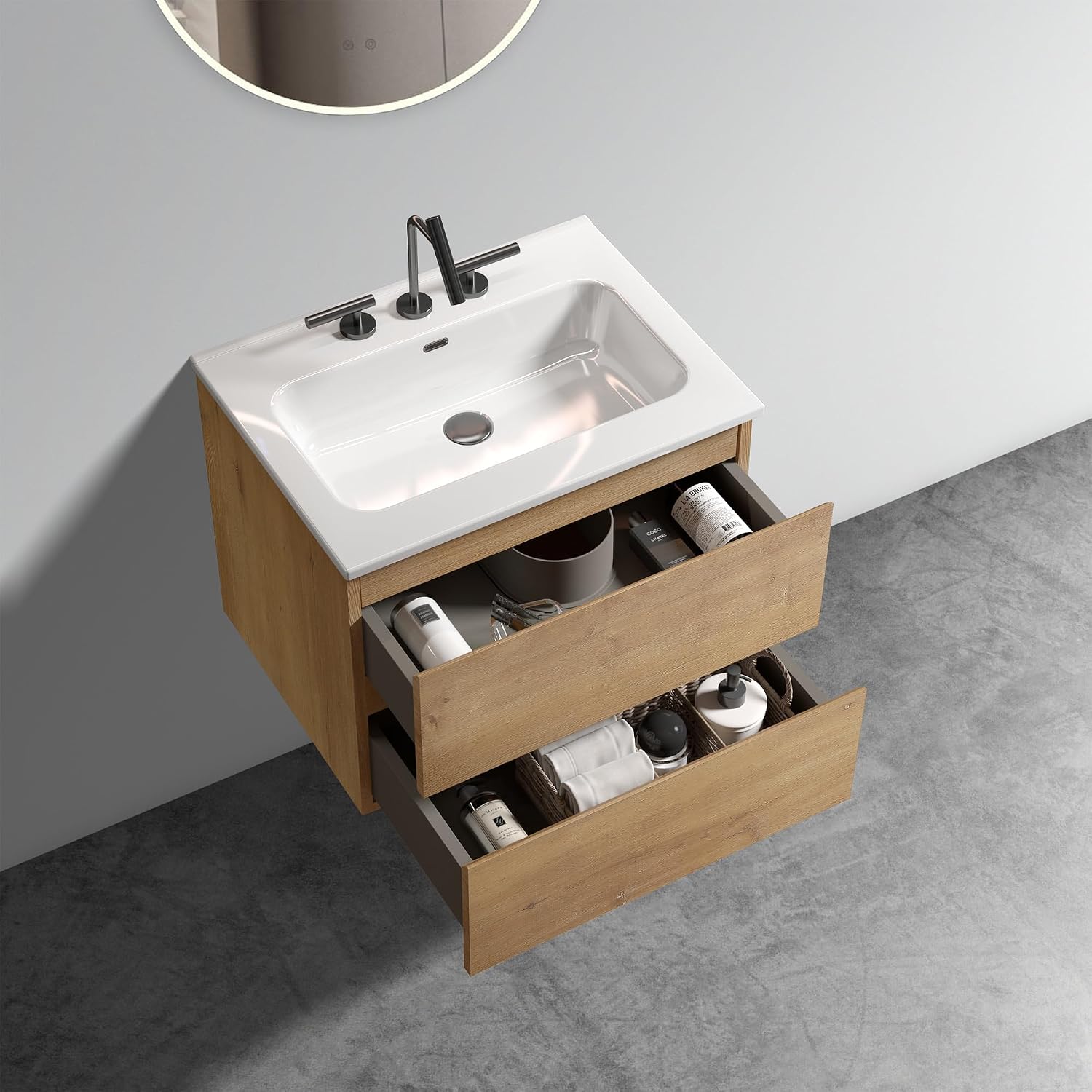 24 Inch Wall Mount Bathroom Vanity with Ceramic Sink with 3 Faucet Holes, Large Storage Floating Bathroom Vanity for Modern Bathroom, 1-Piece Sink Basin Without Drain,Oak