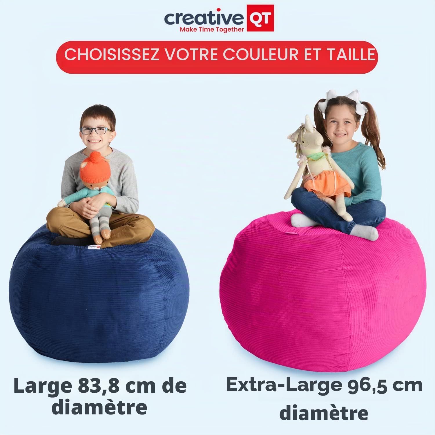 Creative QT Stuff 'n Sit Housse de Rangement pour Pouf Extra Large de 38 po pour Animaux en Peluche et Jouets - Velours côtelé Gris Clair