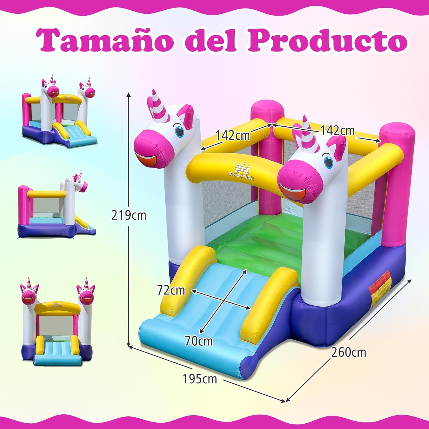 COSTWAY Inflatable Castle for Children, 2 in 1 Children's Inflatable House with Slide and Jumping Area, Rainbow Unicorn Theme, for Garden, Lawn, Party, 260 x 195 x 219 cm (without Blower)