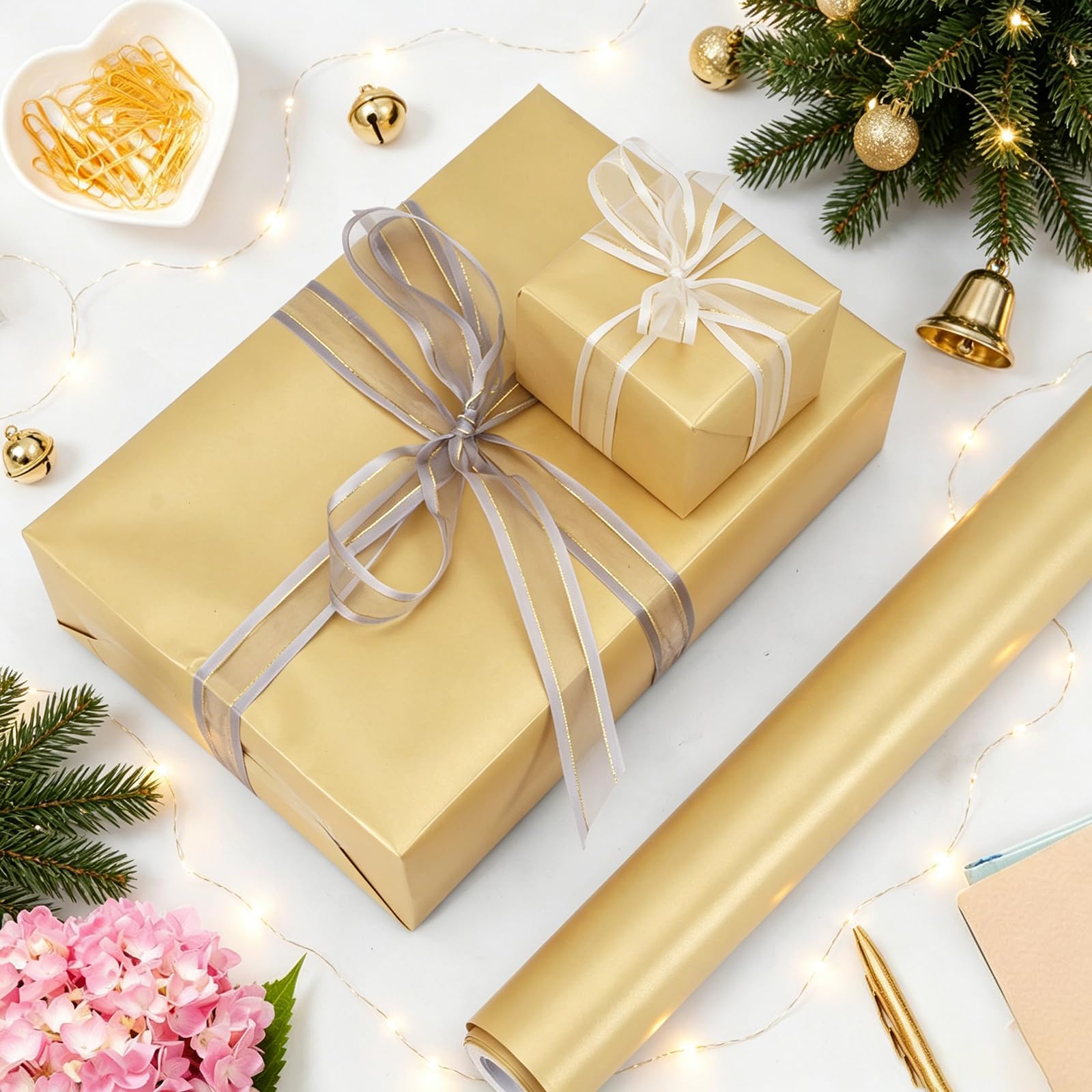 Goldfarbenes mattes Geschenkpapier, 43,2 x 10,1 m, einfarbig, Weihnachtsgeschenkpapier, Perlglanzpapier, Kunst-Bastelpapierrolle, Geschenkpapier für Hochzeit, Valentinstag, Geburtstag, Weihnachten