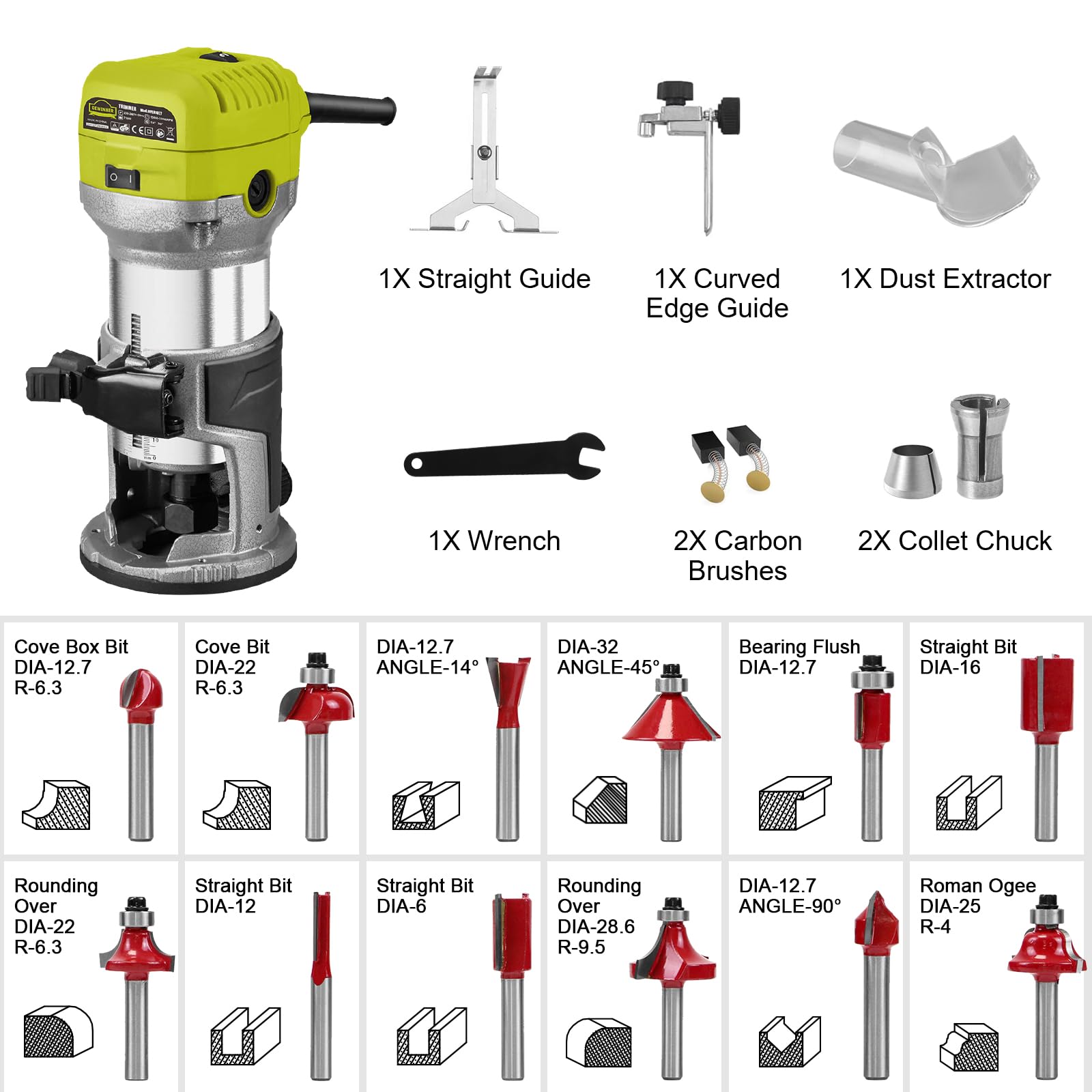 DEWINNER Fresadora para Madera, Juego de Fresadora de Madera Rebajadora Eléctrica 710W 13000-33000RPM, Router Portatile, 6 Velocidades Variables, Con 3 Pinzas (1/4 pulgadas,6mm,8mm) + 12 Brocas
