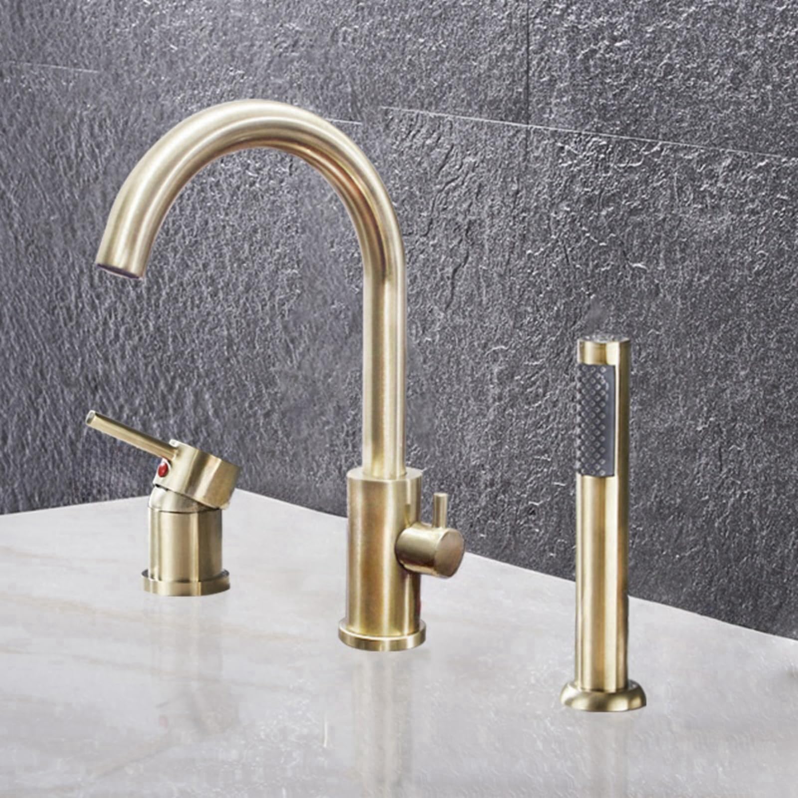 SnamicE Bath Shower Mixer Tap Black 3 Hole Bath Mixer Tap 360 Rotating Tap Single Handle Faucet Bath Taps,Brushed Gold