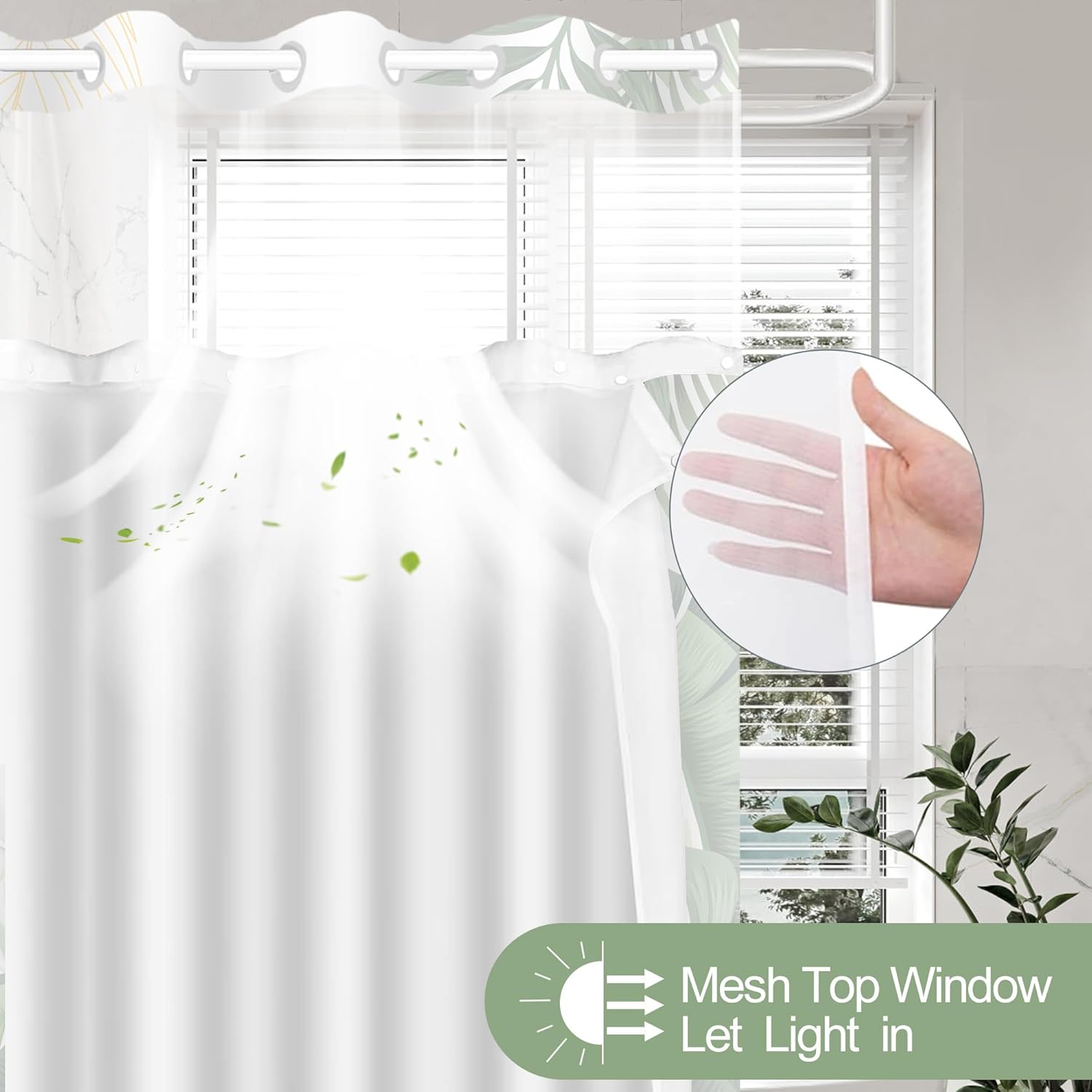 Stall No Hook Shower Curtain with Snap in Liner, Tropical Leaf Shower Curtains and Liner Set for Bathroom, Monstera Palm Leaves Floral Fabric Bath Curtain, Waterproof Washable, Green 54" x 80"