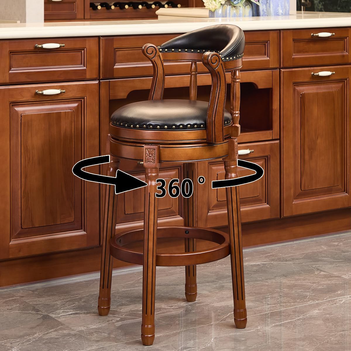 HAZO 29.5 Inch Bar Height Stools, Breathable Genuine Leather Swivel Bar Stool with Openwork Backrest, Vintage Carved Bar Stool with Solid Wrap-Around Footrest for Kitchen Island, Pub (Black)